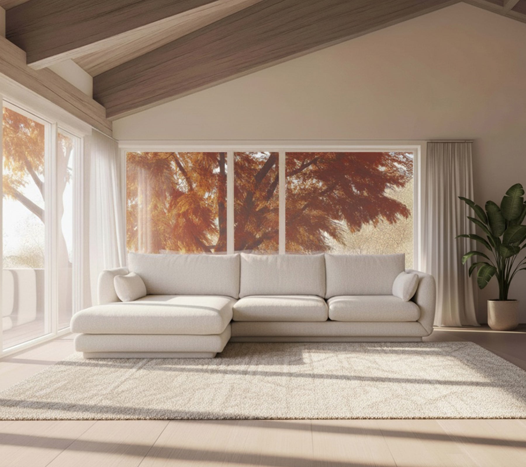 Modern white sofa and beige rug in a minimalist lounge setting.
