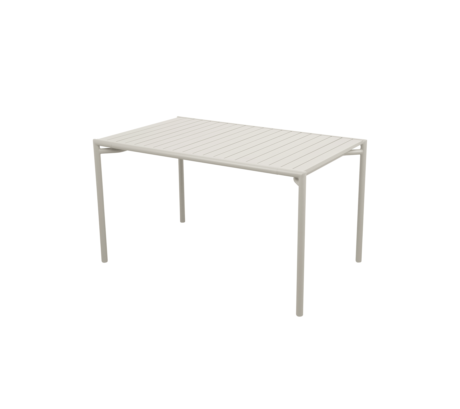 Rectangular table with a slatted surface and four straight legs, featuring a modern and minimalist design in a light color.