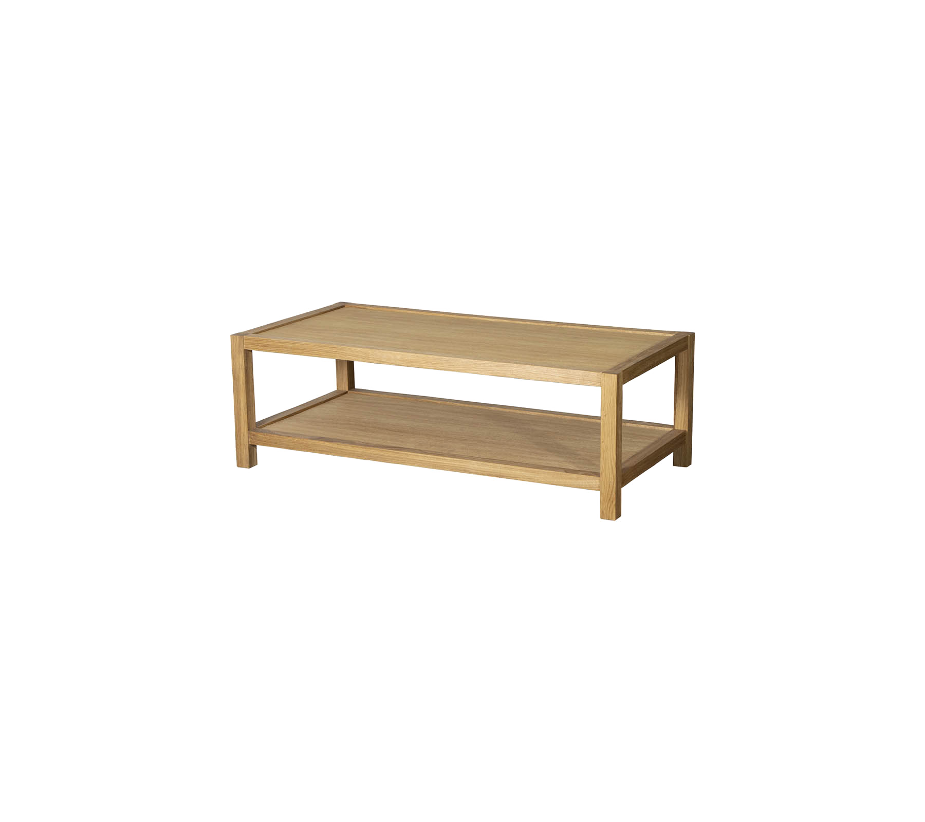 Wooden coffee table with a lower shelf for storage, showcasing a simple and modern design. Suitable for various styles of decor.