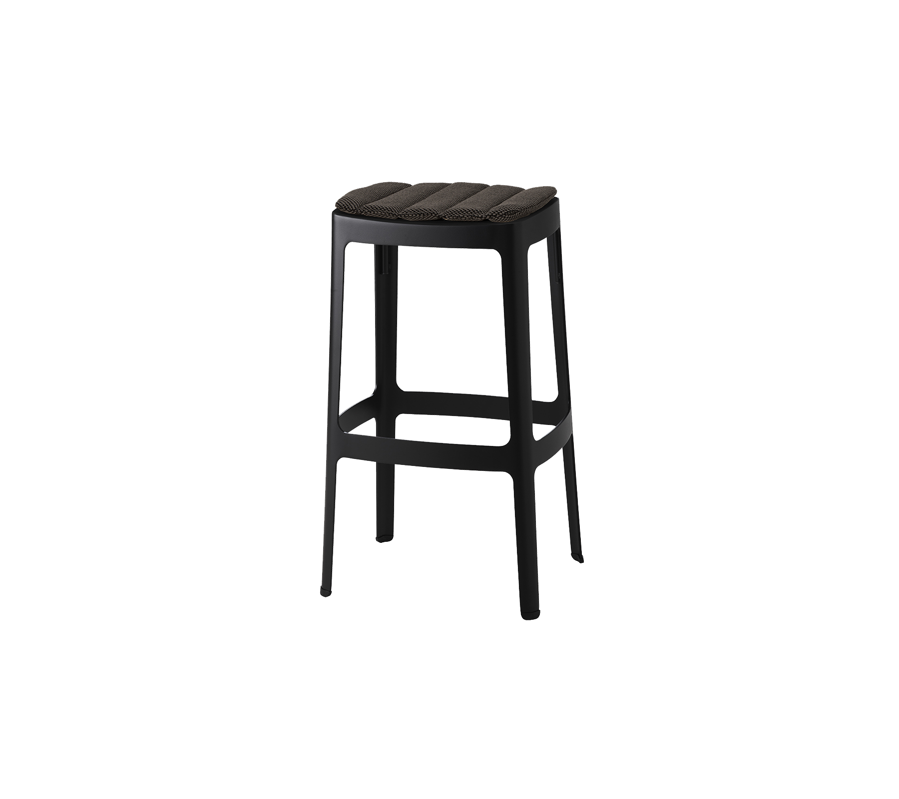 A sleek black bar stool with a slatted seat and sturdy legs, designed for comfort and style. Ideal for modern settings.