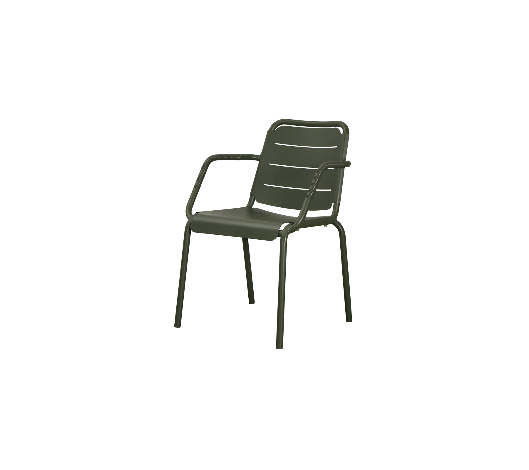 A green plastic chair with armrests and a slatted design, suitable for casual seating in various settings.