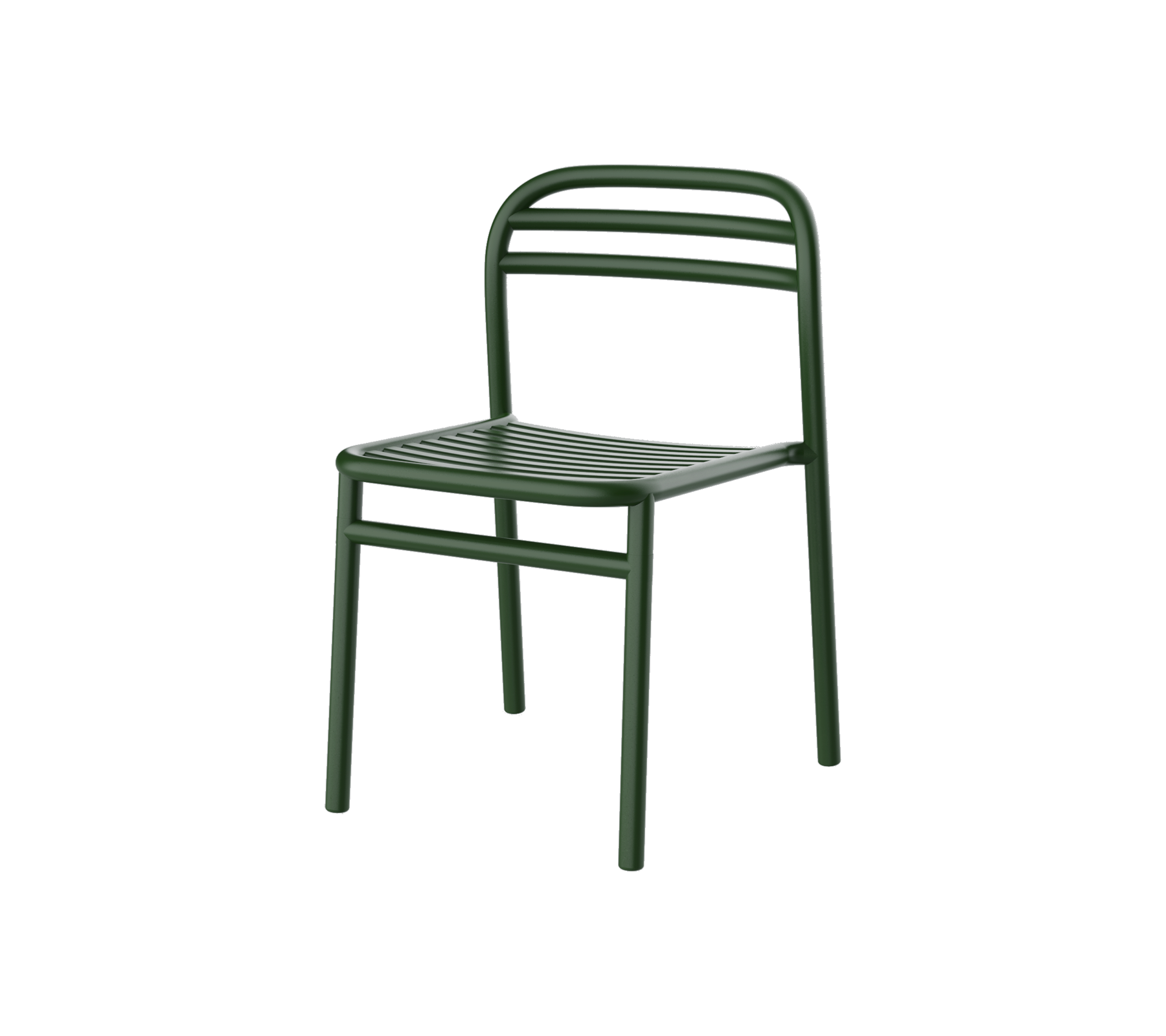 Green metal chair with a simple design, featuring slatted seating and backrest for comfort and style. Perfect for versatile settings.