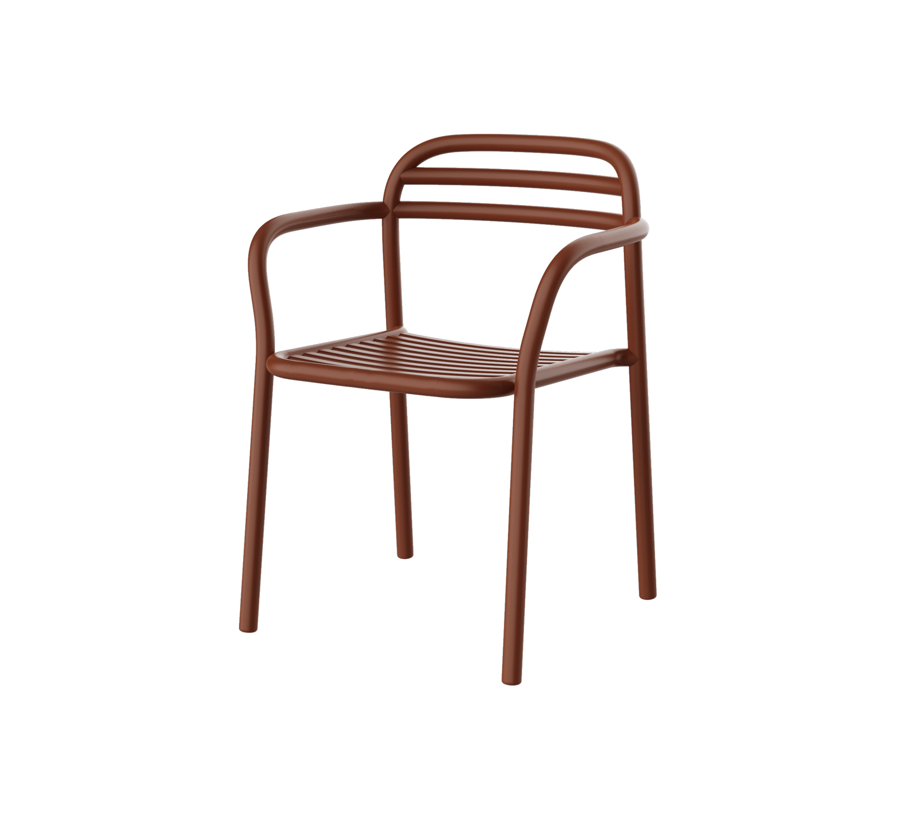 Brown chair with a modern design featuring curved arms and horizontal slats on the backrest. Ideal for casual seating.
