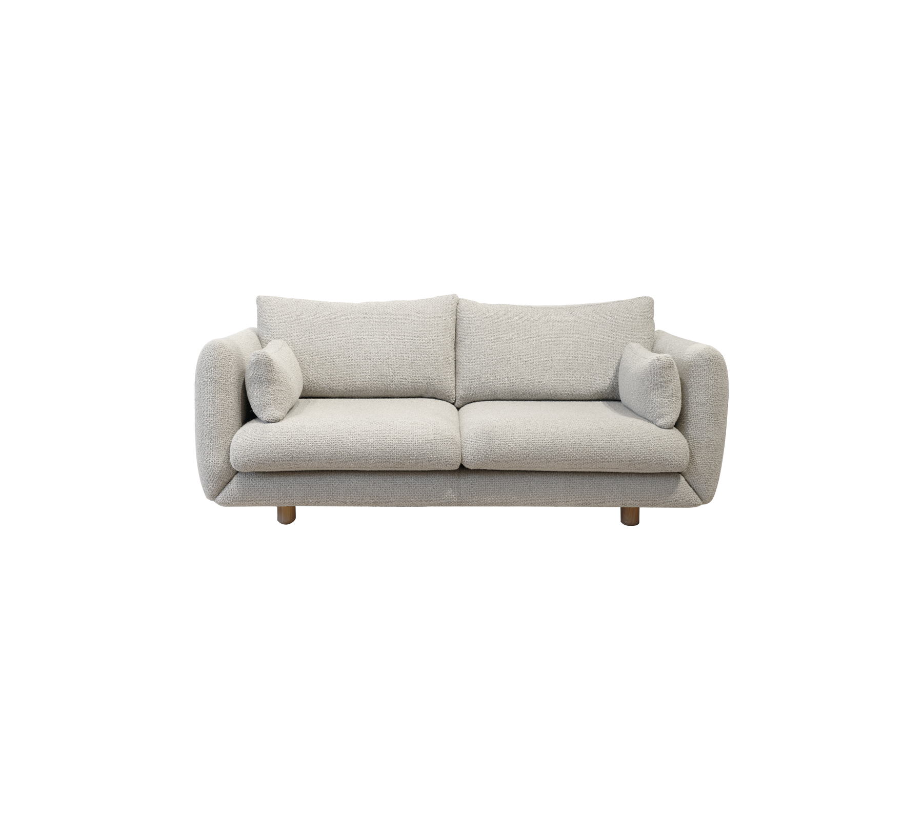 Cozy light gray sofa with rounded arms and two matching cushions, resting on wooden legs. A stylish addition to any living space.