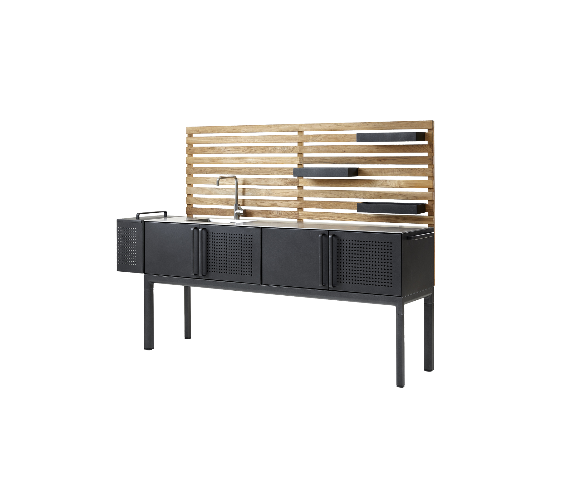Modern cabinet with a sleek black finish, featuring four storage compartments and a wooden slatted back with shelf space. Perfect for stylish organization.