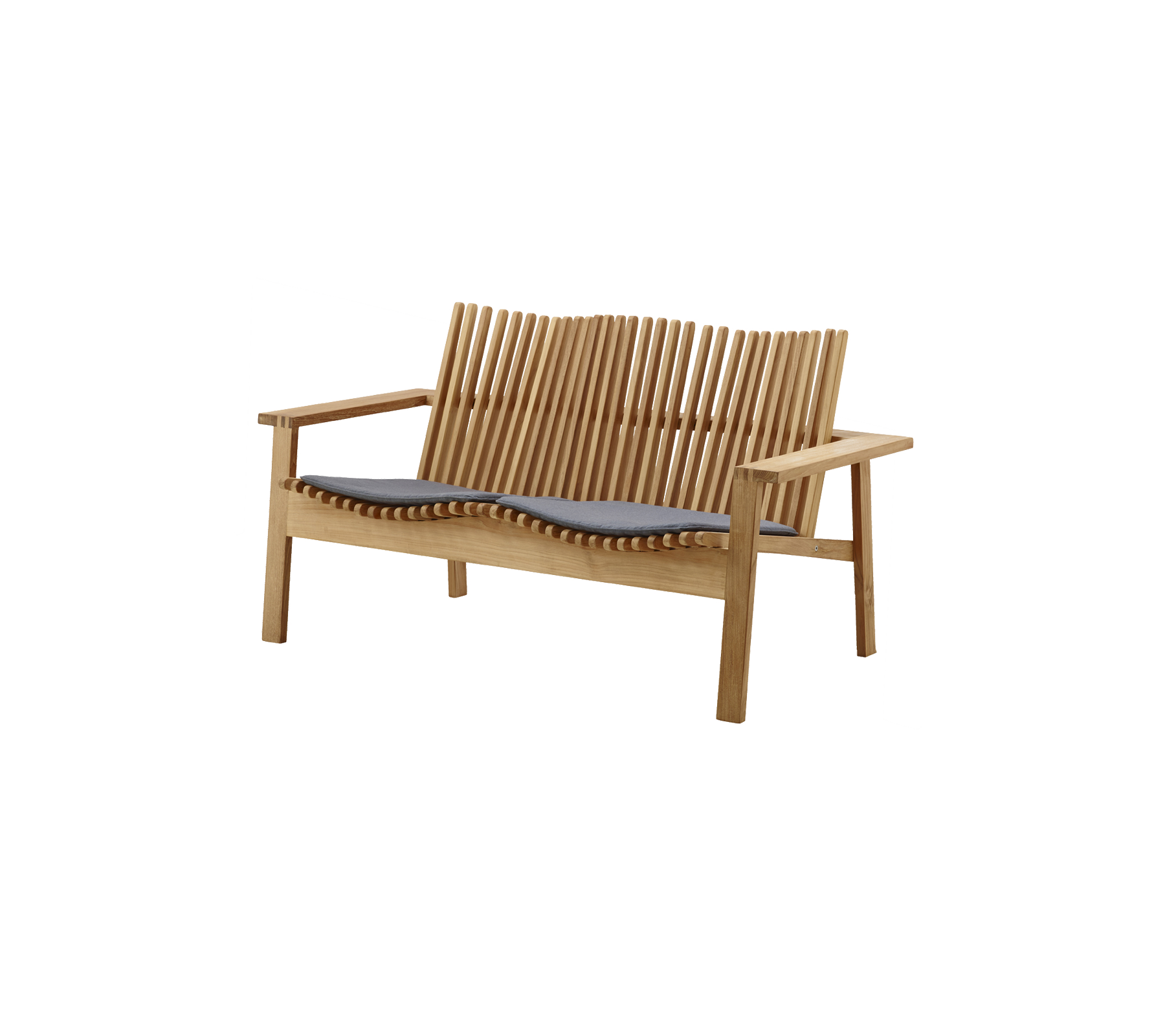 Stylish wooden bench with slatted backrest and comfortable gray cushion, perfect for relaxation and seating in any space.