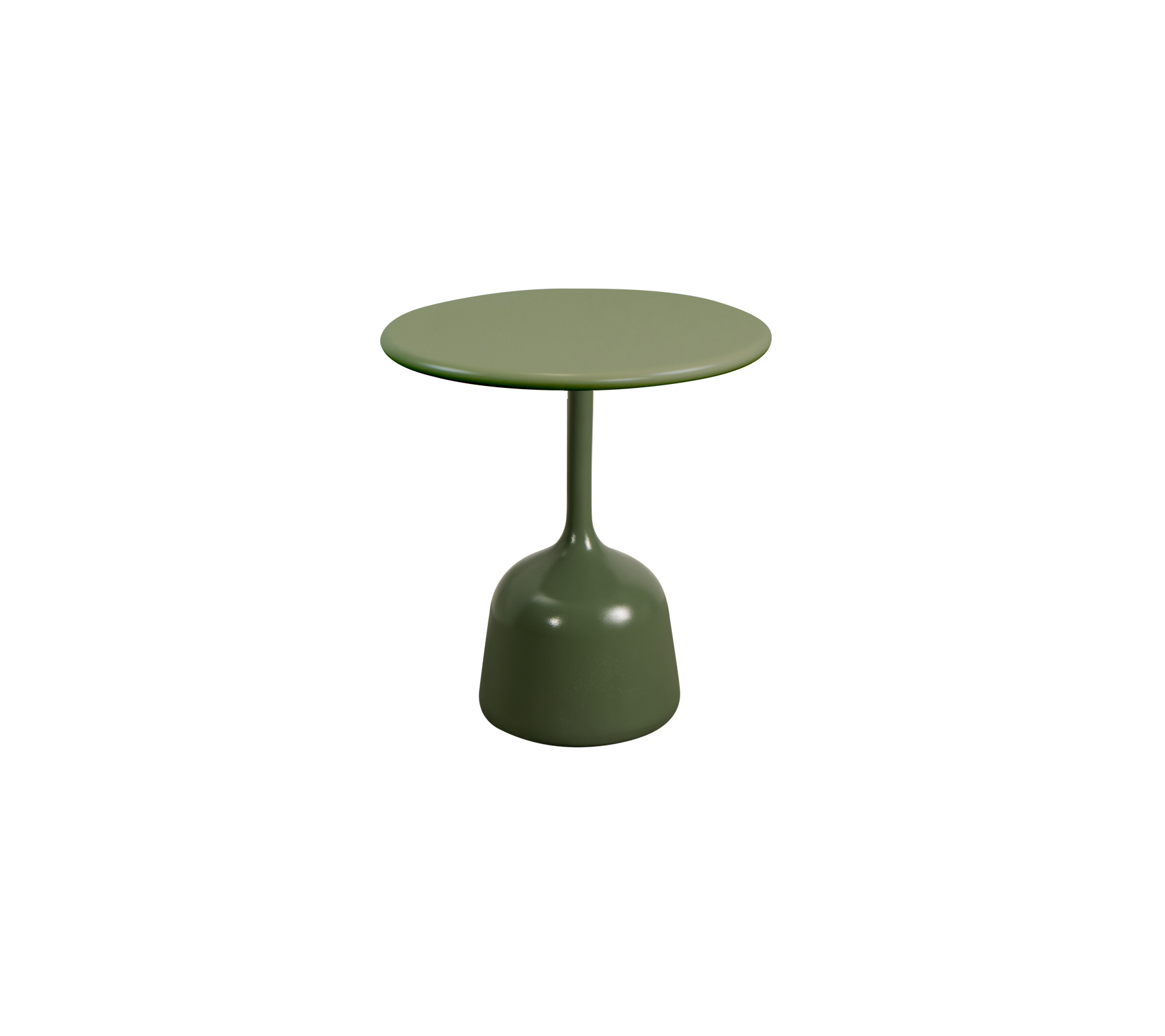 Small round table with a simple design and a solid green finish, featuring a smooth top supported by a rounded base.