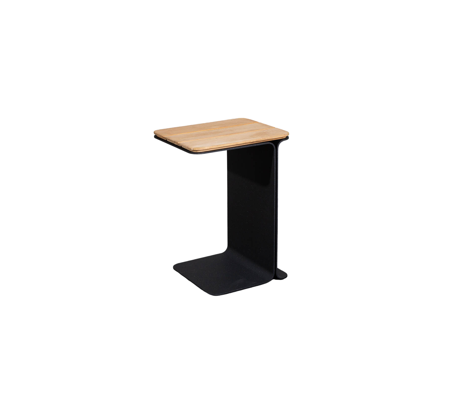 Minimalist side table featuring a wooden top and sleek black base, ideal for modern decor.