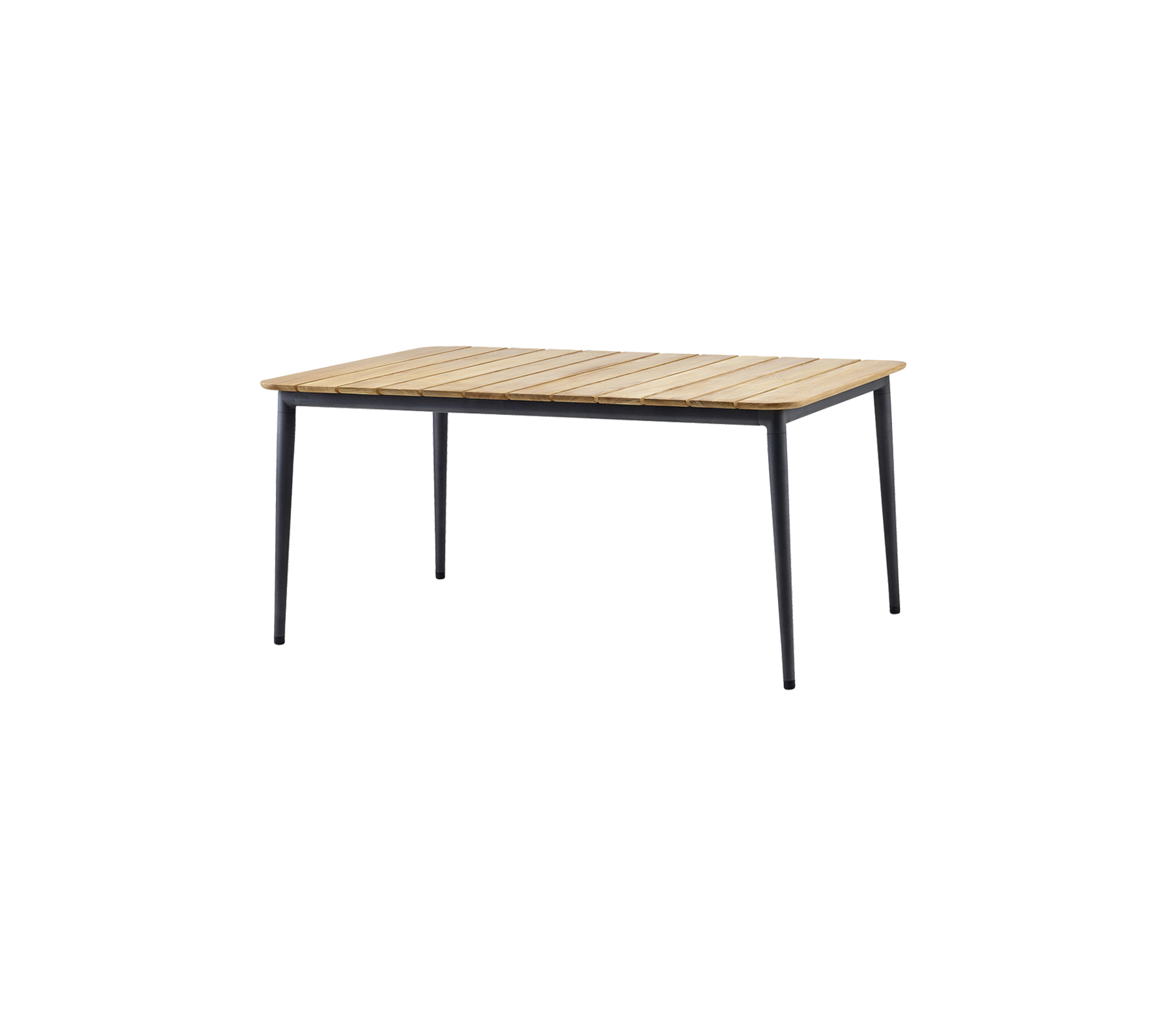 Rectangular table with a slatted wooden top and sleek black legs, suitable for various settings.