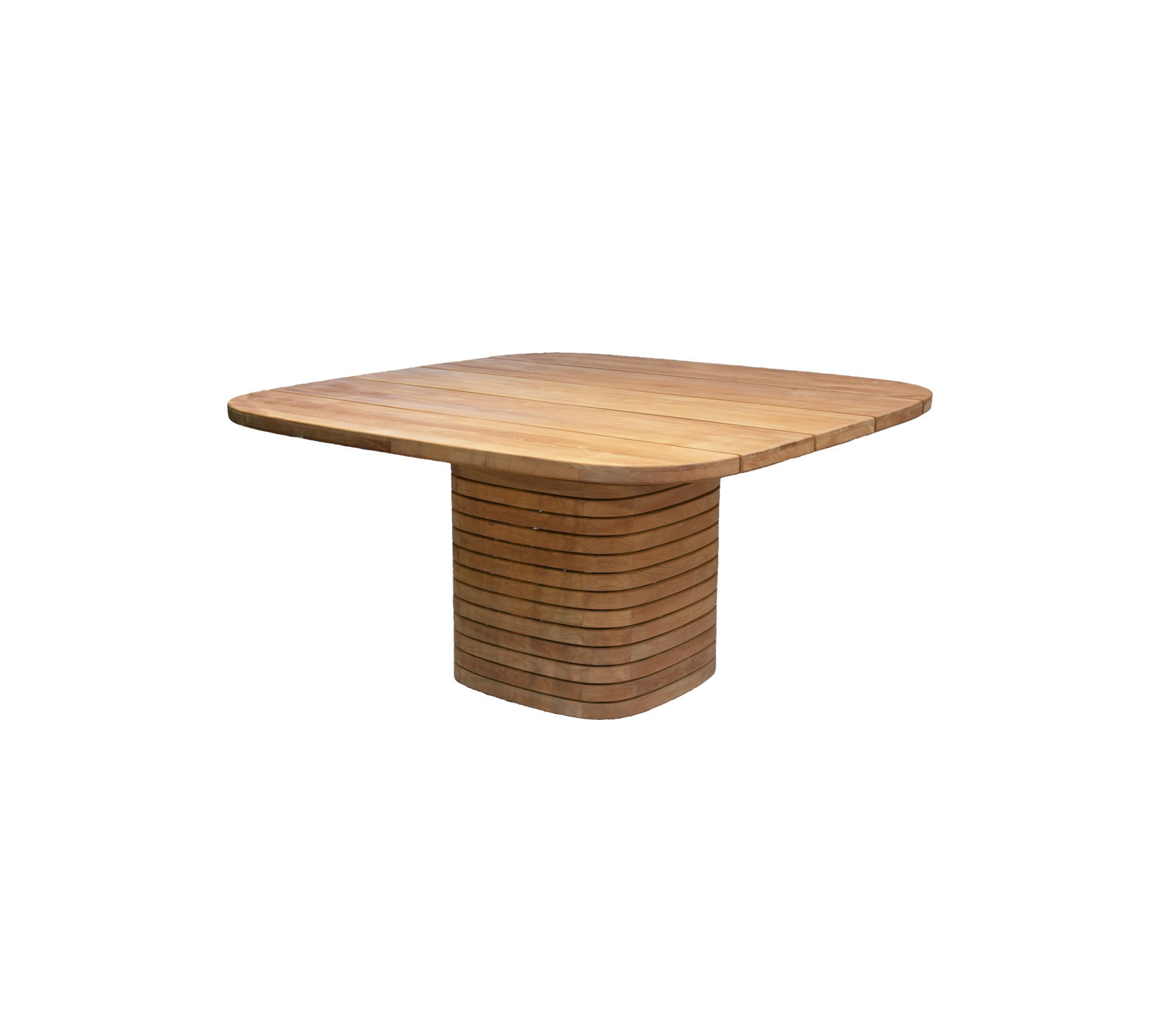 Square teak dining table with a unique base design.
