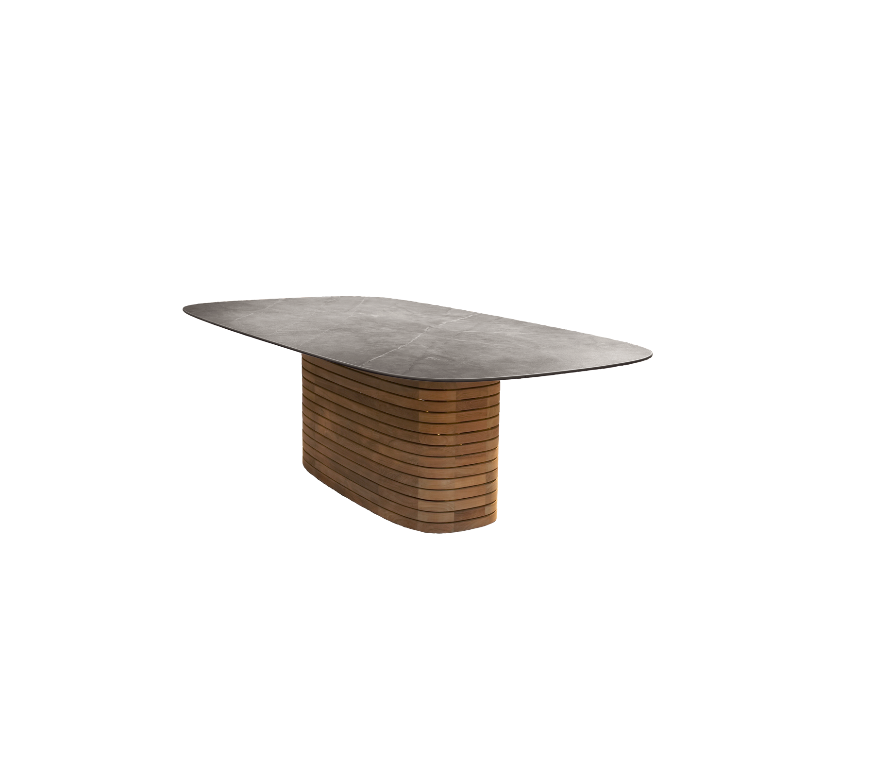 Teak table with a smooth top and distinctive base design.