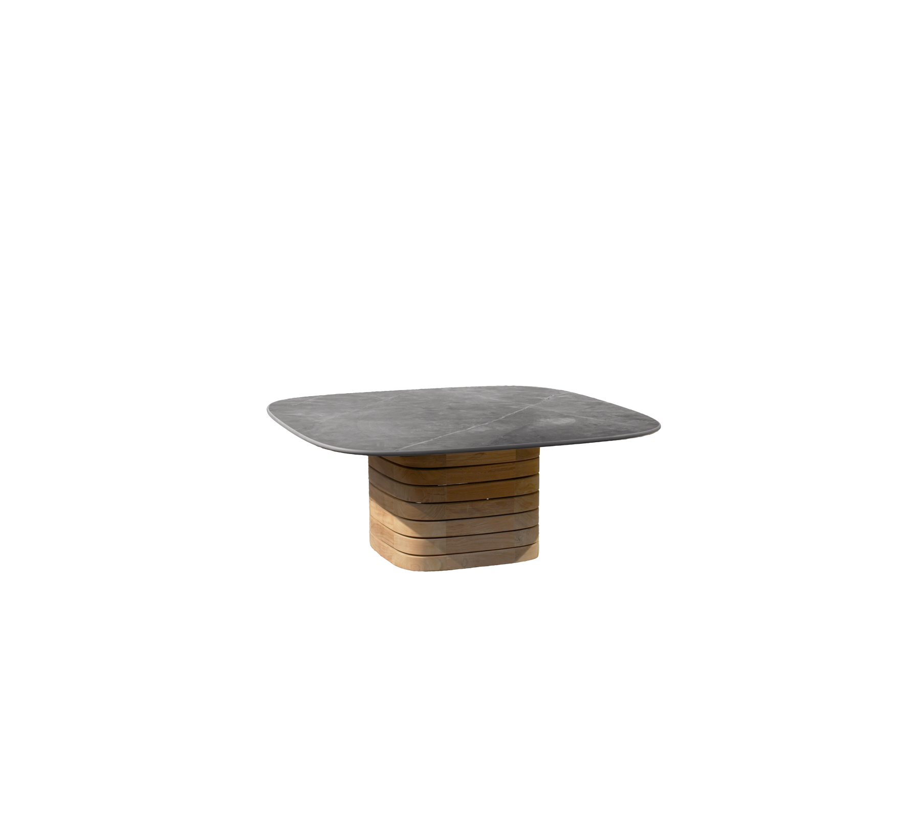 Grey table with a teak base in a modern design.