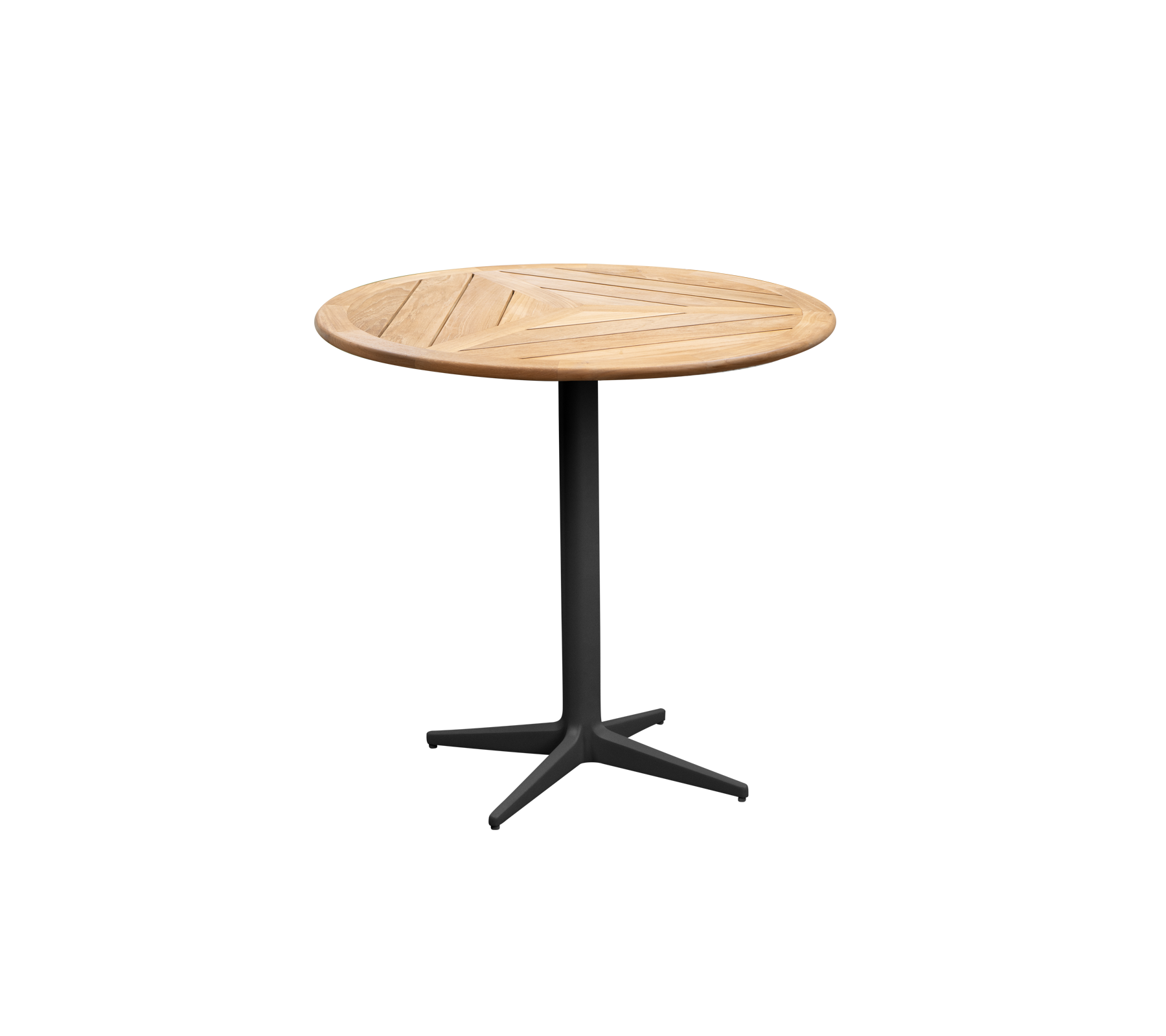 Round wooden table with a slatted top and a sturdy black base, perfect for casual gatherings or aesthetic decor.