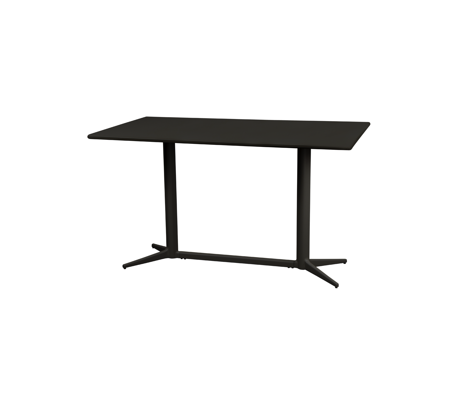 Modern table with a sleek rectangular surface and sturdy legs, featuring a minimalist design in a dark finish. Ideal for various spaces.