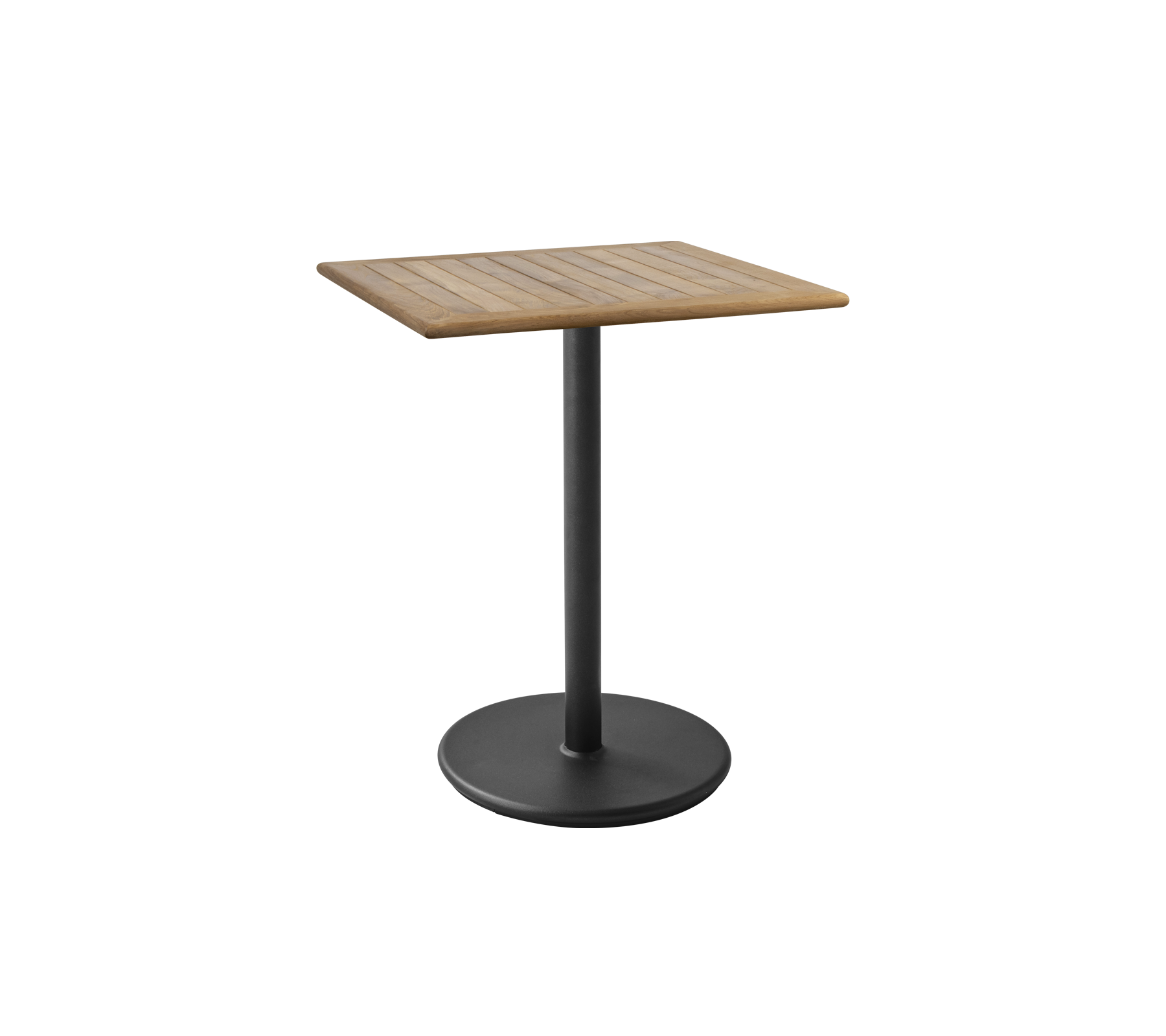 Square table with a slatted wooden top and a sleek black pedestal base, ideal for various settings and styles.