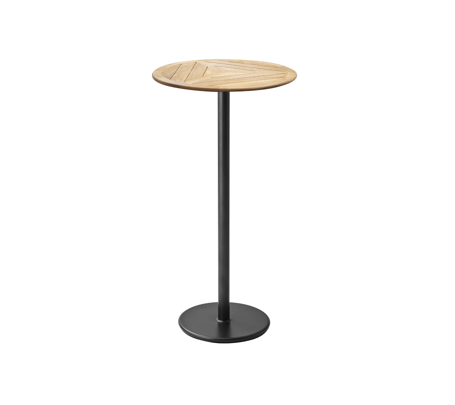 Stylish, round wooden top bistro table with a sleek black base, perfect for casual gatherings or as a contemporary accent piece.