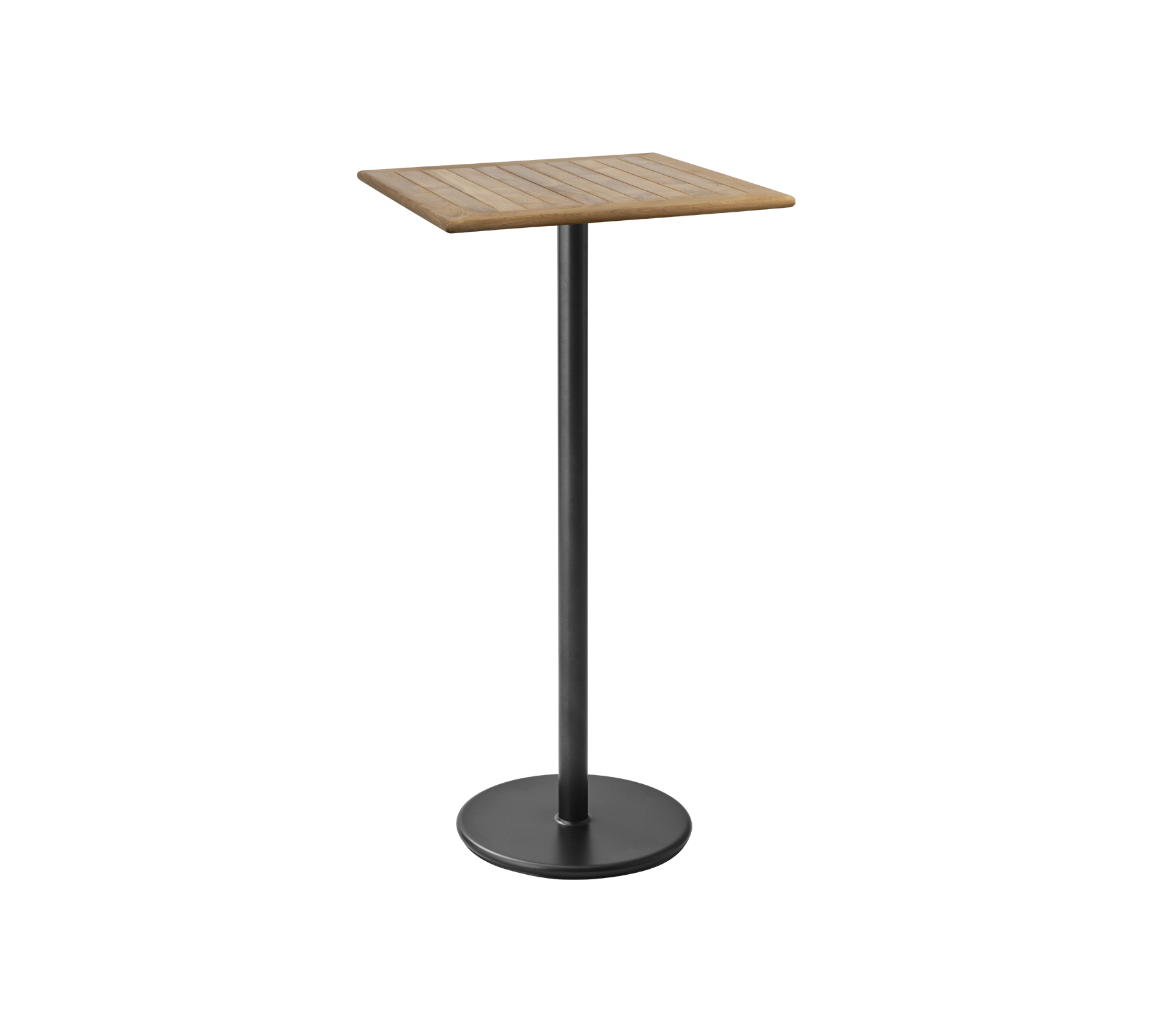 A sleek, modern table with a square wooden top and a sturdy black metal base, perfect for casual dining or drinks.