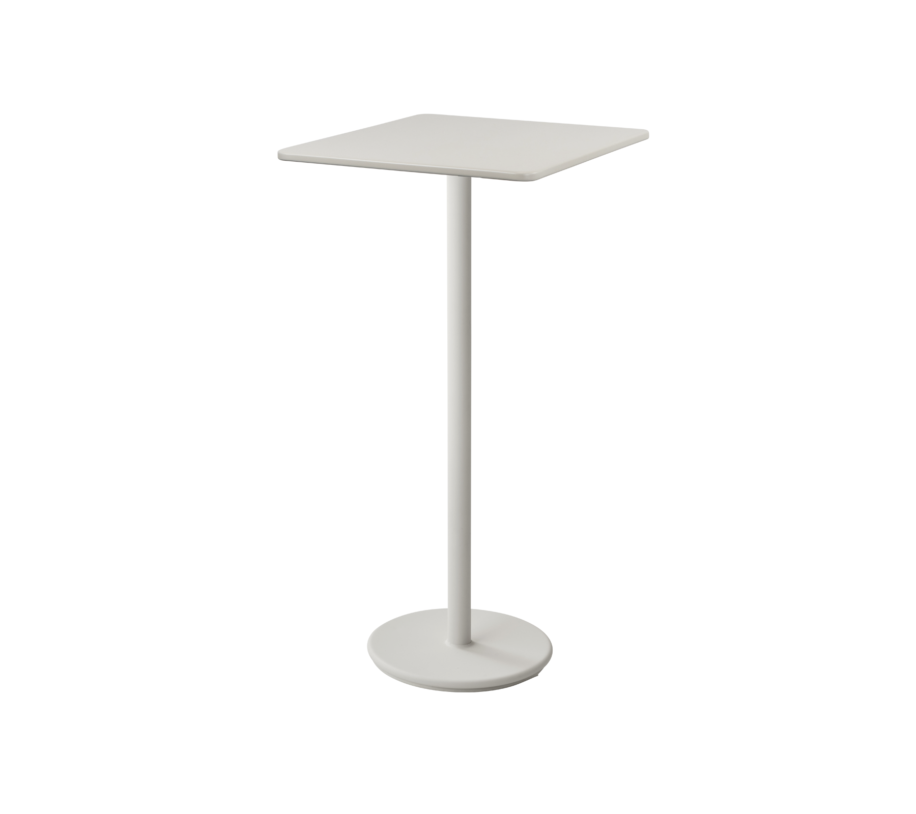 Minimalist white side table with a square top and slender pedestal base, ideal for small spaces or casual seating areas.