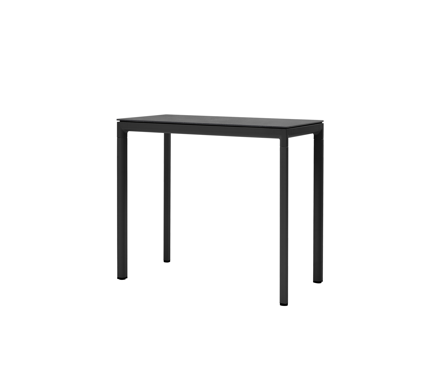A sleek black table featuring a minimalist design with four sturdy legs, ideal for versatile use in various settings.