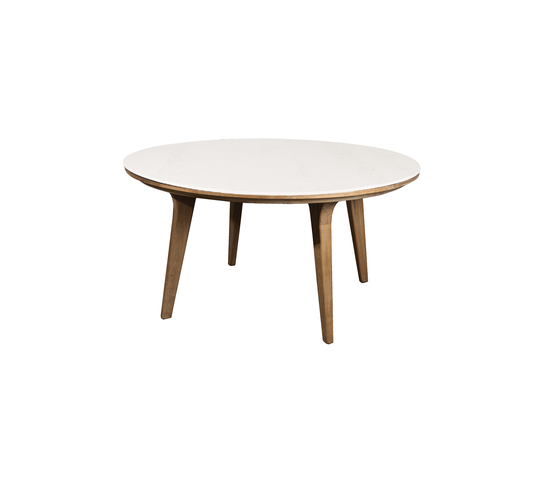 Round table with a smooth white top and wooden legs, ideal for dining or casual gatherings. Elegant and contemporary design.