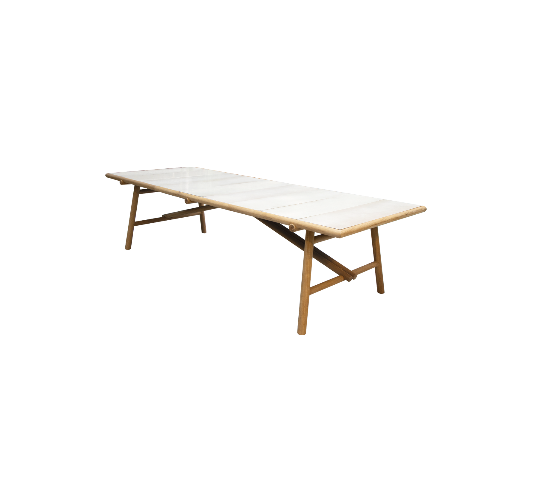 A long, elegant table with a light-colored top and wooden legs, designed for versatility and style in various settings.