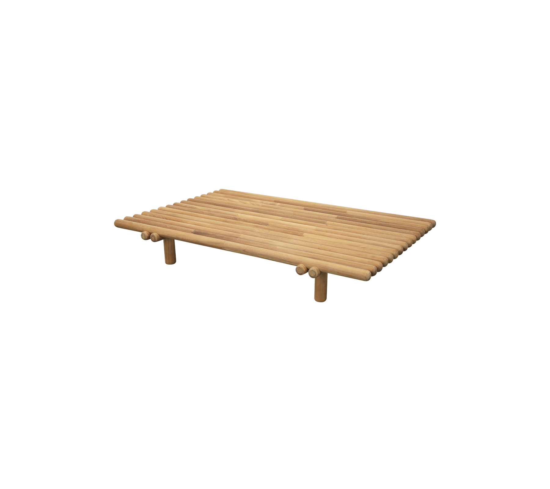 Wooden slat table with four legs, featuring a minimalist design and natural finish, suitable for various decorative styles.