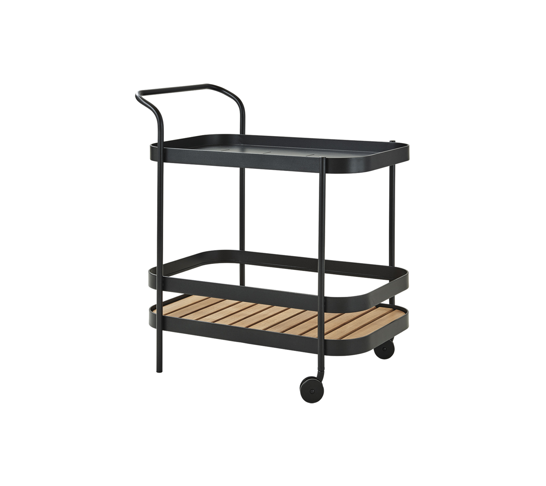 A stylish two-tiered serving cart with a black tray and wooden shelves, featuring a handle and wheels for easy mobility.
