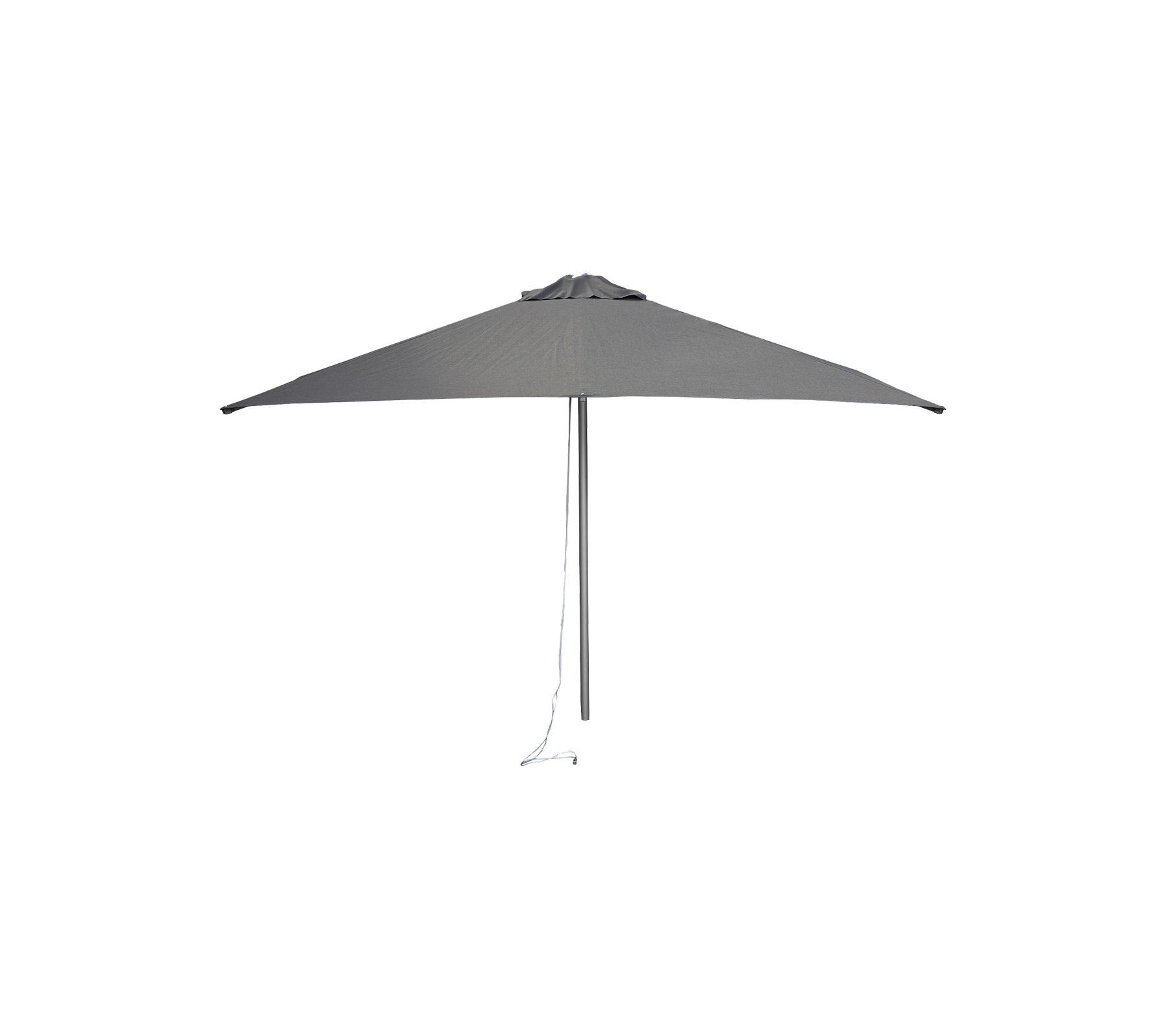 A sleek, grey umbrella with a triangular canopy design and a sturdy support pole, featuring a pull cord for easy adjustment.