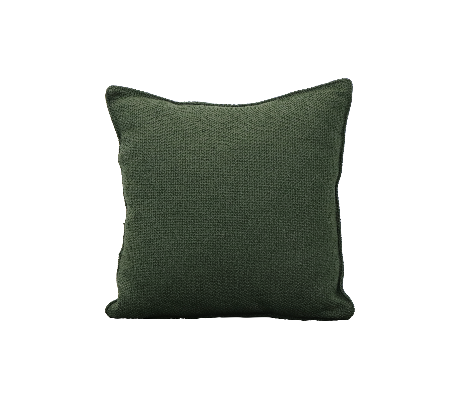 Solid green square cushion with a textured surface, suitable for adding comfort and style to furnishings.