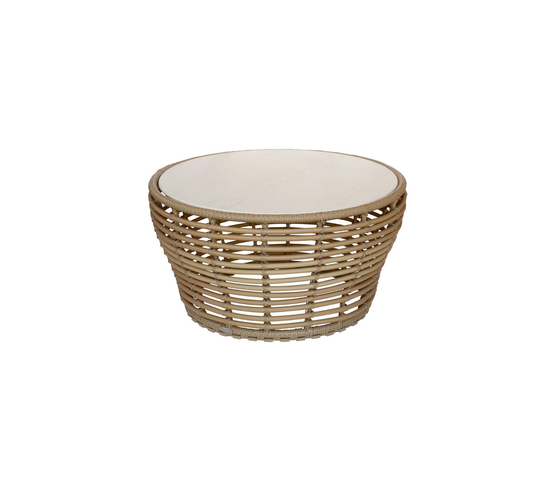 Round woven basket with a smooth, flat white top surface, featuring a natural, light-colored finish that adds a stylish touch.