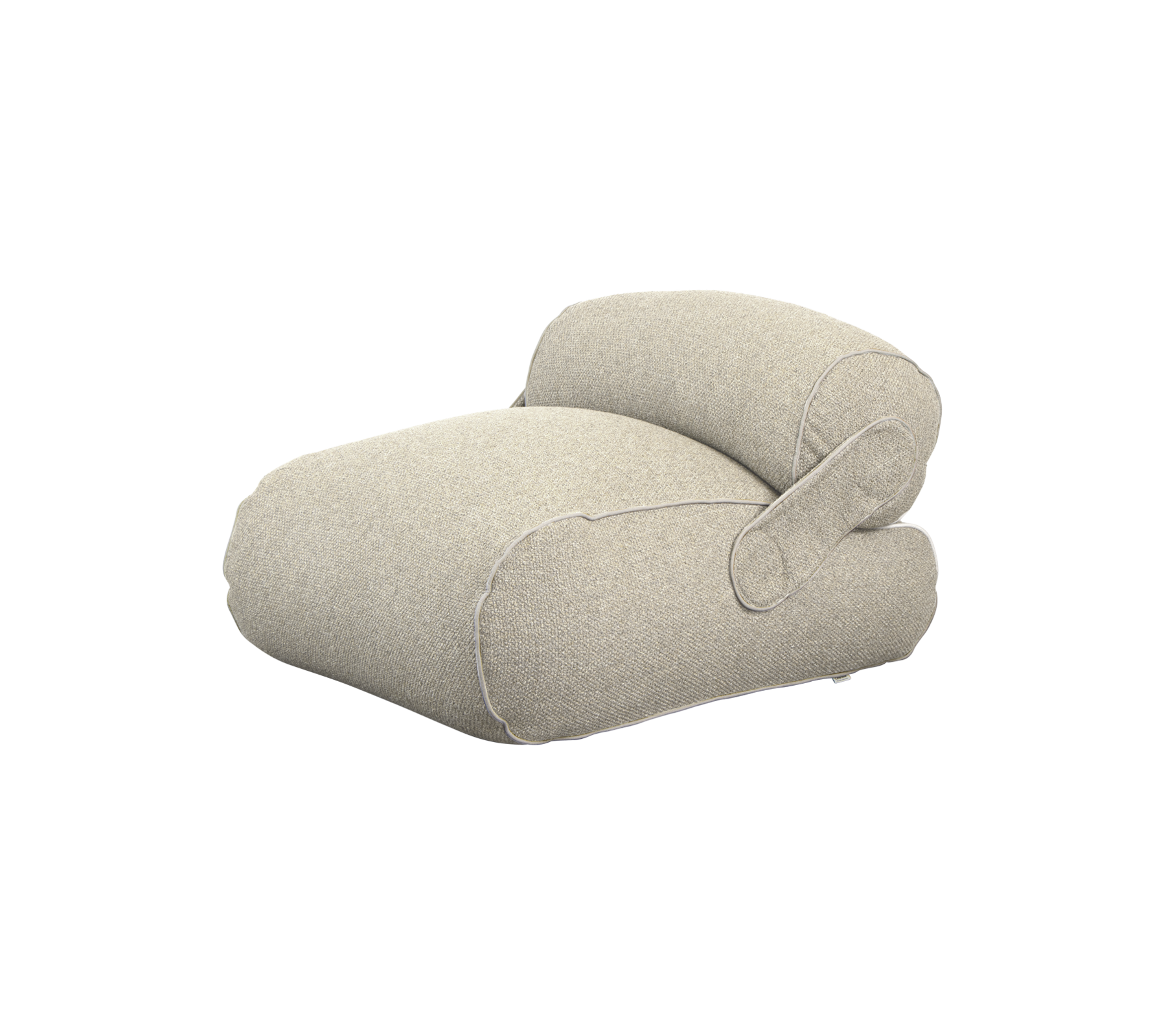 Cozy, modern cushion with a rounded design and side armrest, upholstered in a soft, light fabric for comfort and style.