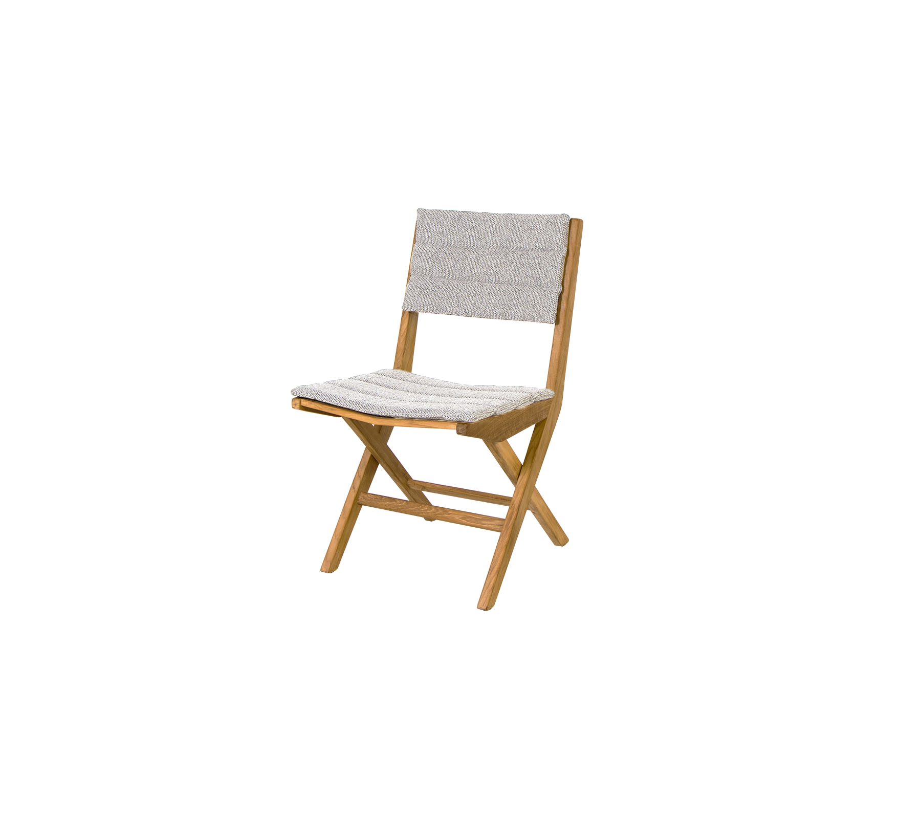 Folding chair with a wooden frame and a textured fabric seat and backrest, combining functionality and style for versatile use.