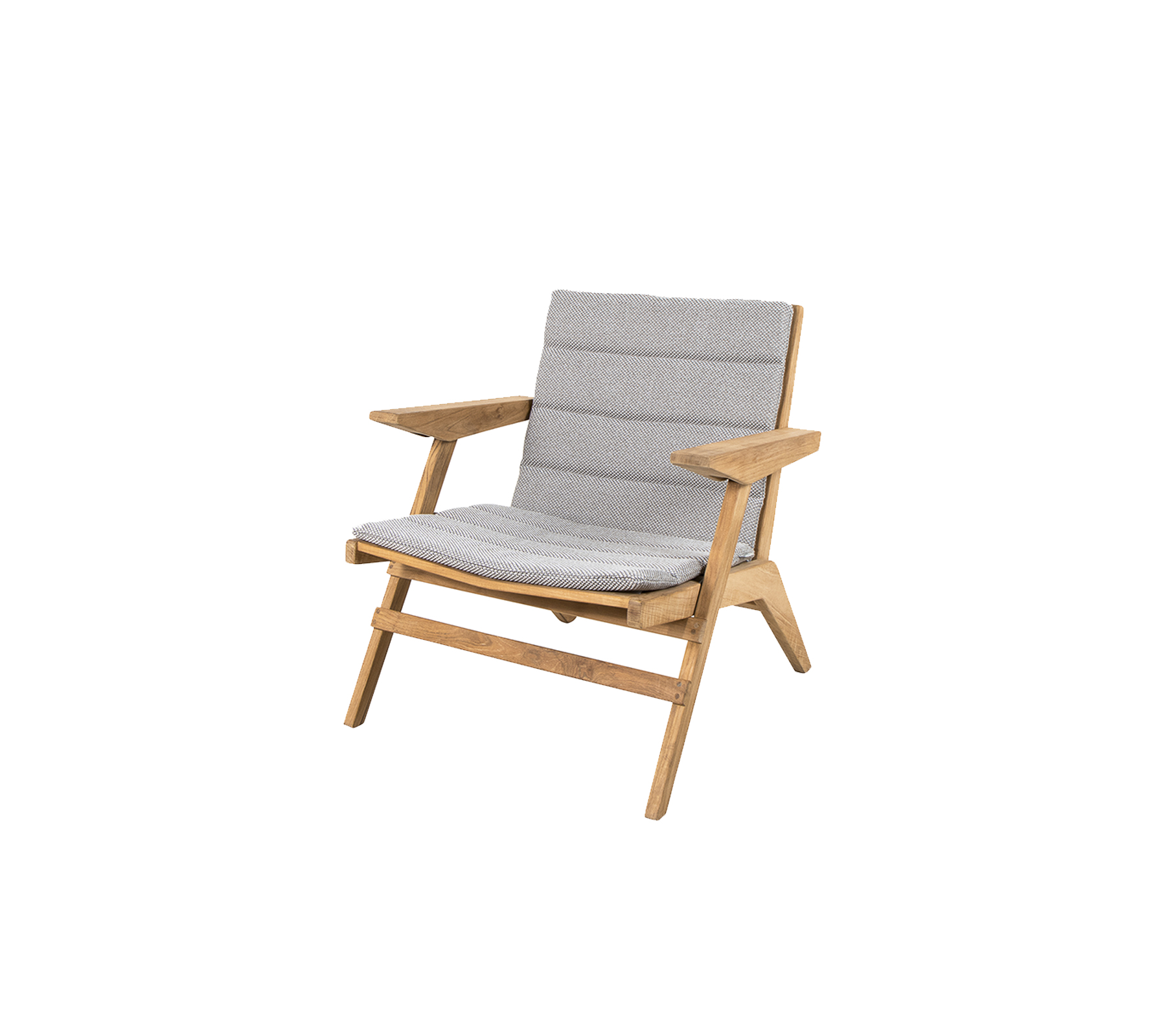 Stylish lounge chair featuring a wooden frame and soft grey cushions, designed for comfort and modern aesthetics.