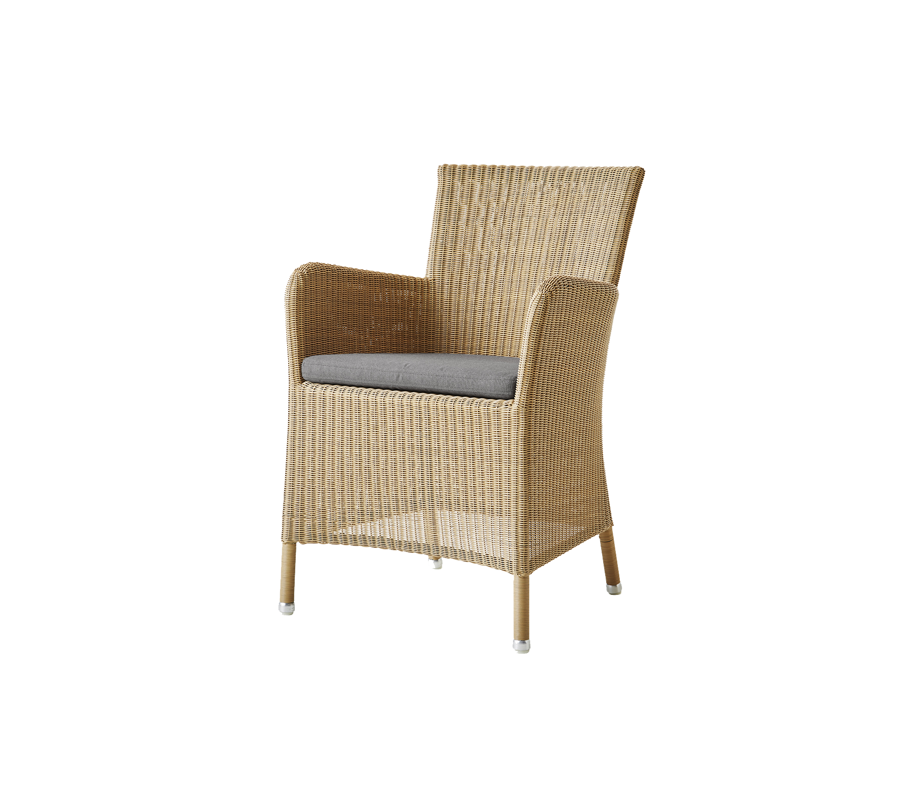 Woven chair with armrests and a comfortable gray cushion, blending style and comfort for versatile seating.