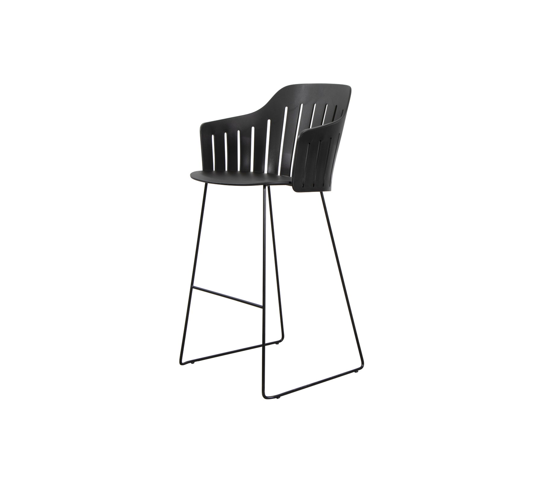 Black bar stool with a curved backrest and slender metal legs, designed for both style and comfort.
