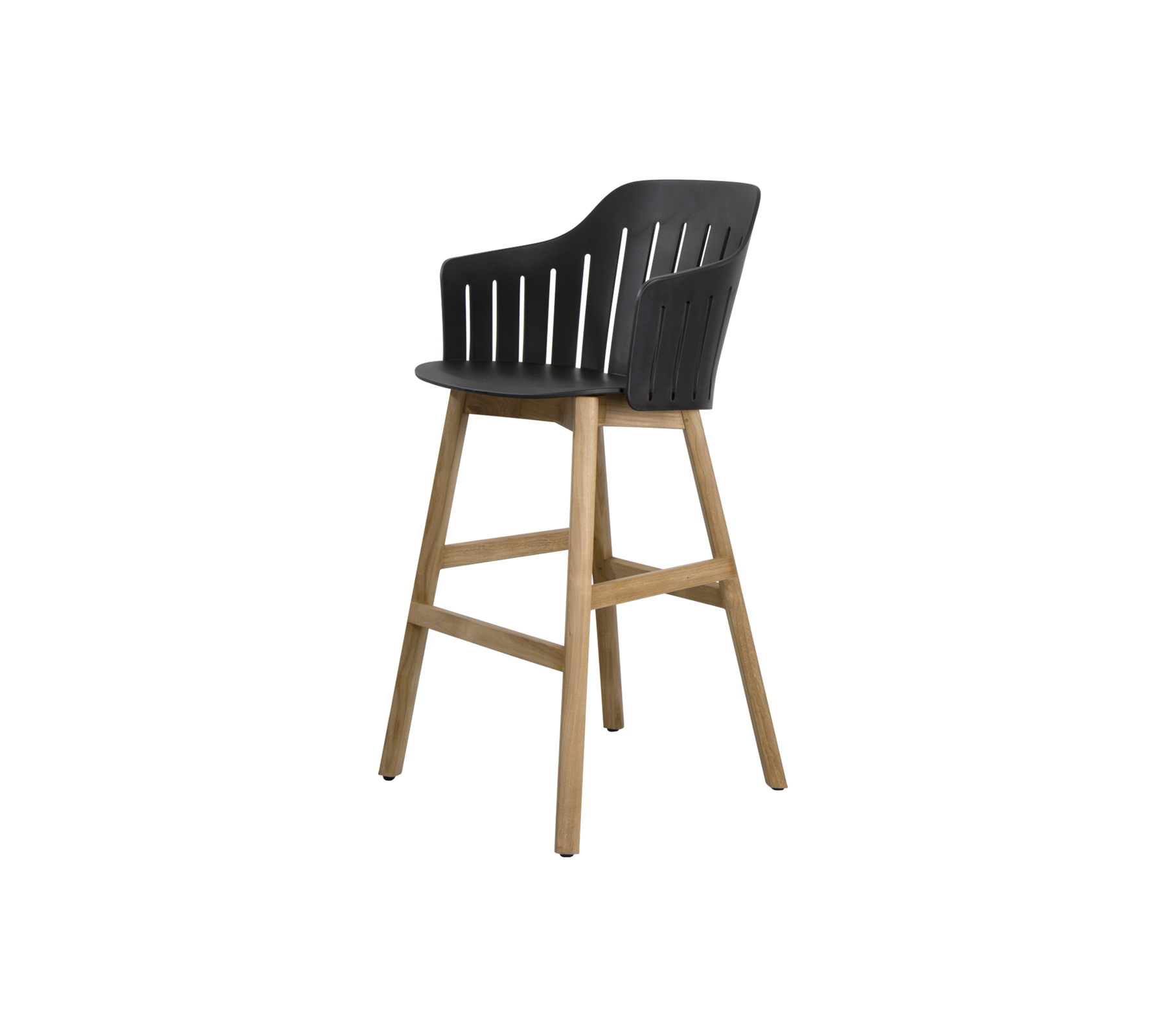 Stylish high chair featuring a sleek black seat with vertical slats and a natural wood frame for a modern touch. Perfect for dining spaces.