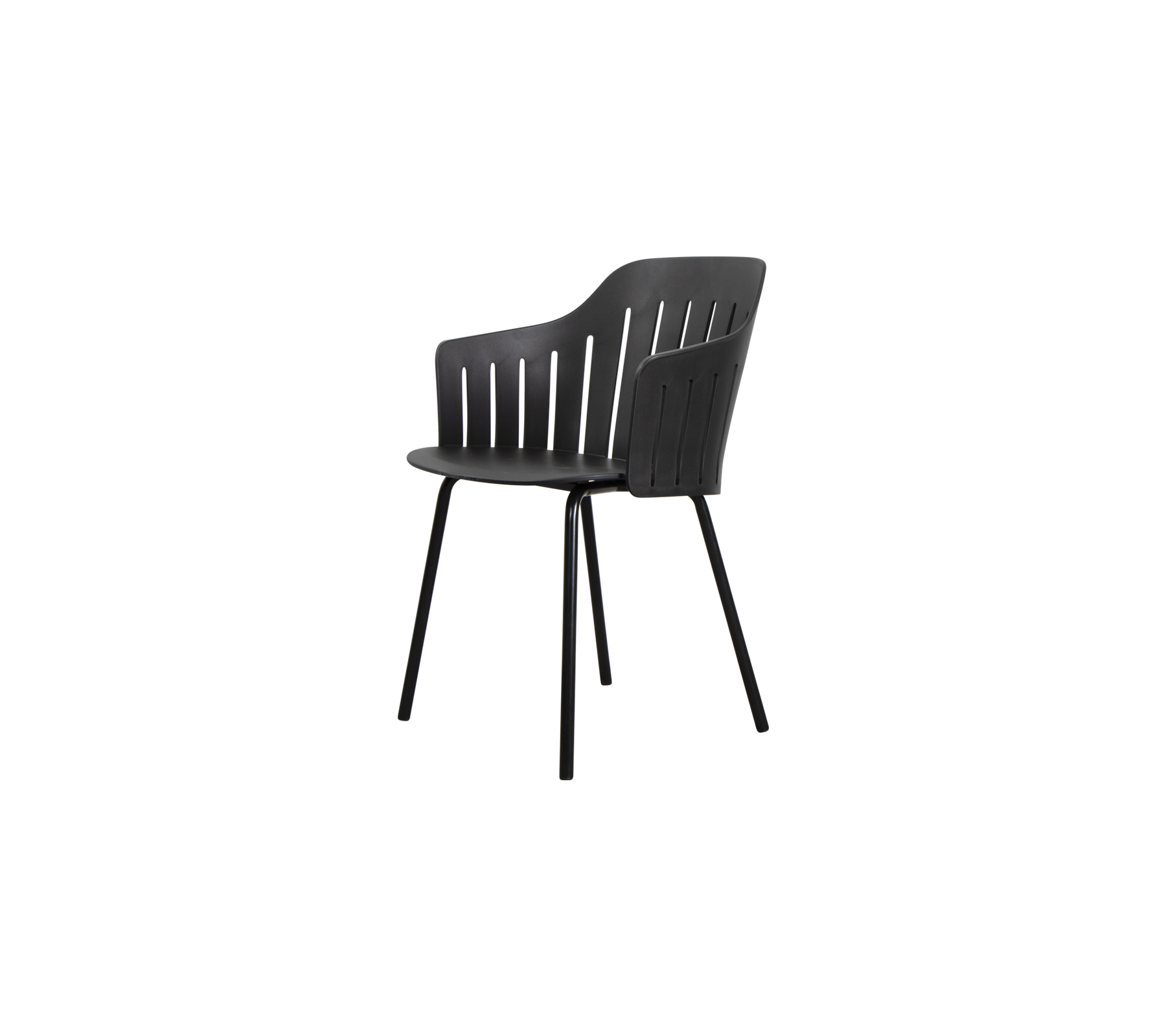 Stylish black chair with a slatted back design, featuring durable legs for stability and an ergonomic shape for comfort.
