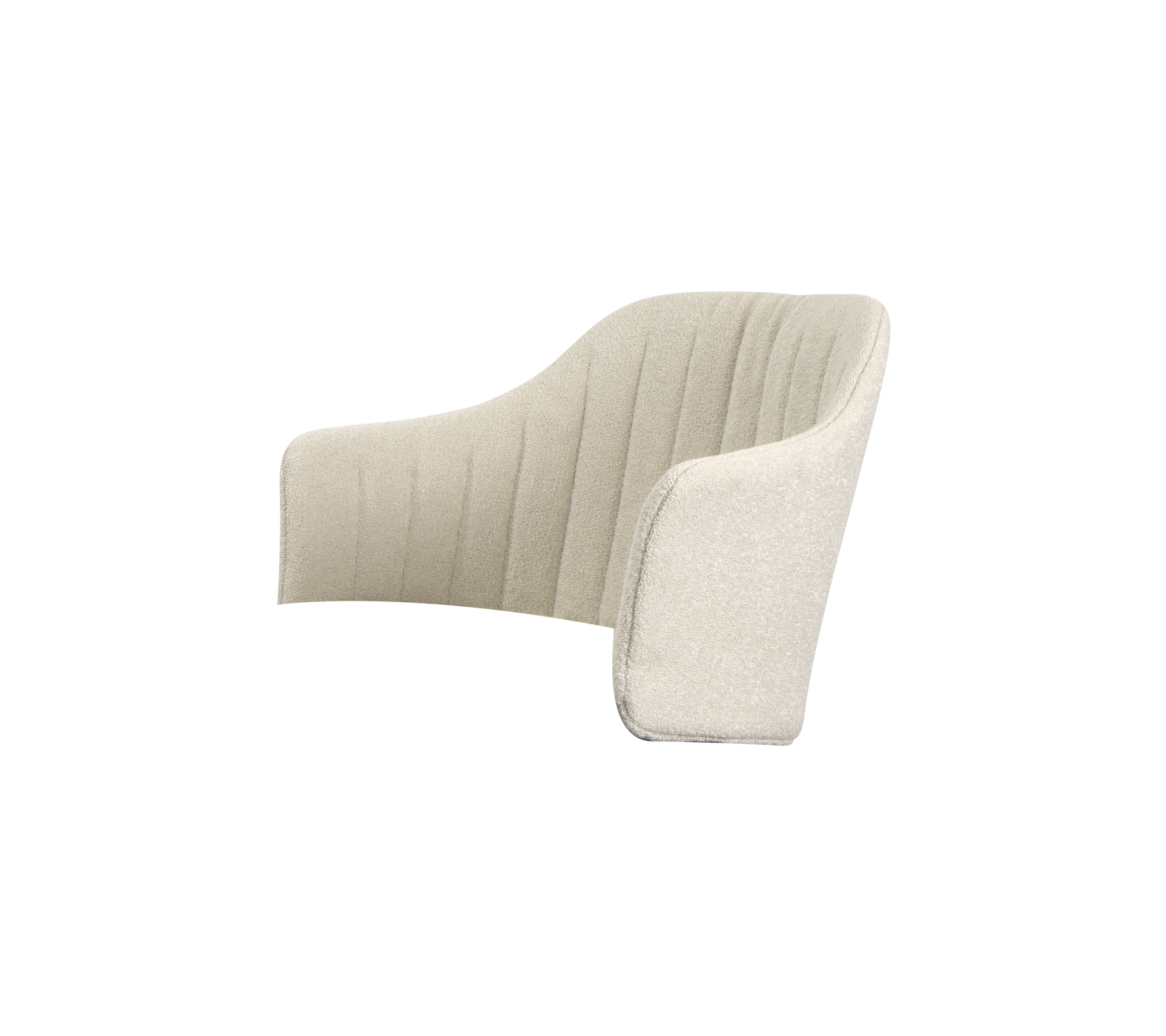 Contemporary upholstered chair with a soft, curved design and vertical stitching, offering a modern aesthetic and comfort.