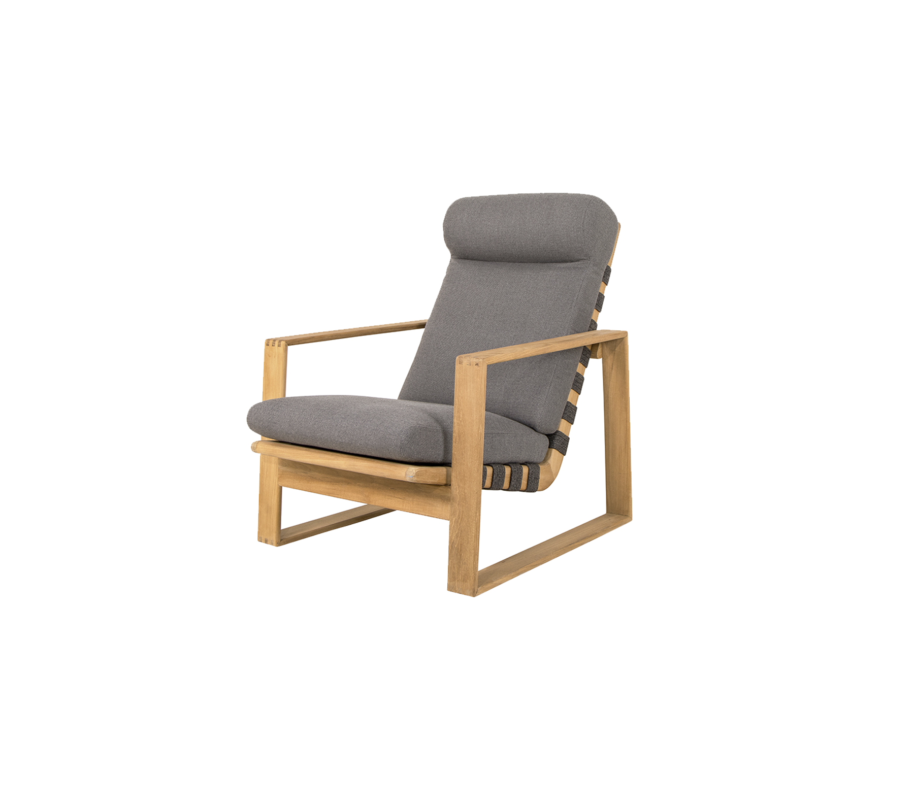 Stylish chair featuring a wooden frame and comfortable gray cushions, perfect for relaxation and modern decor.