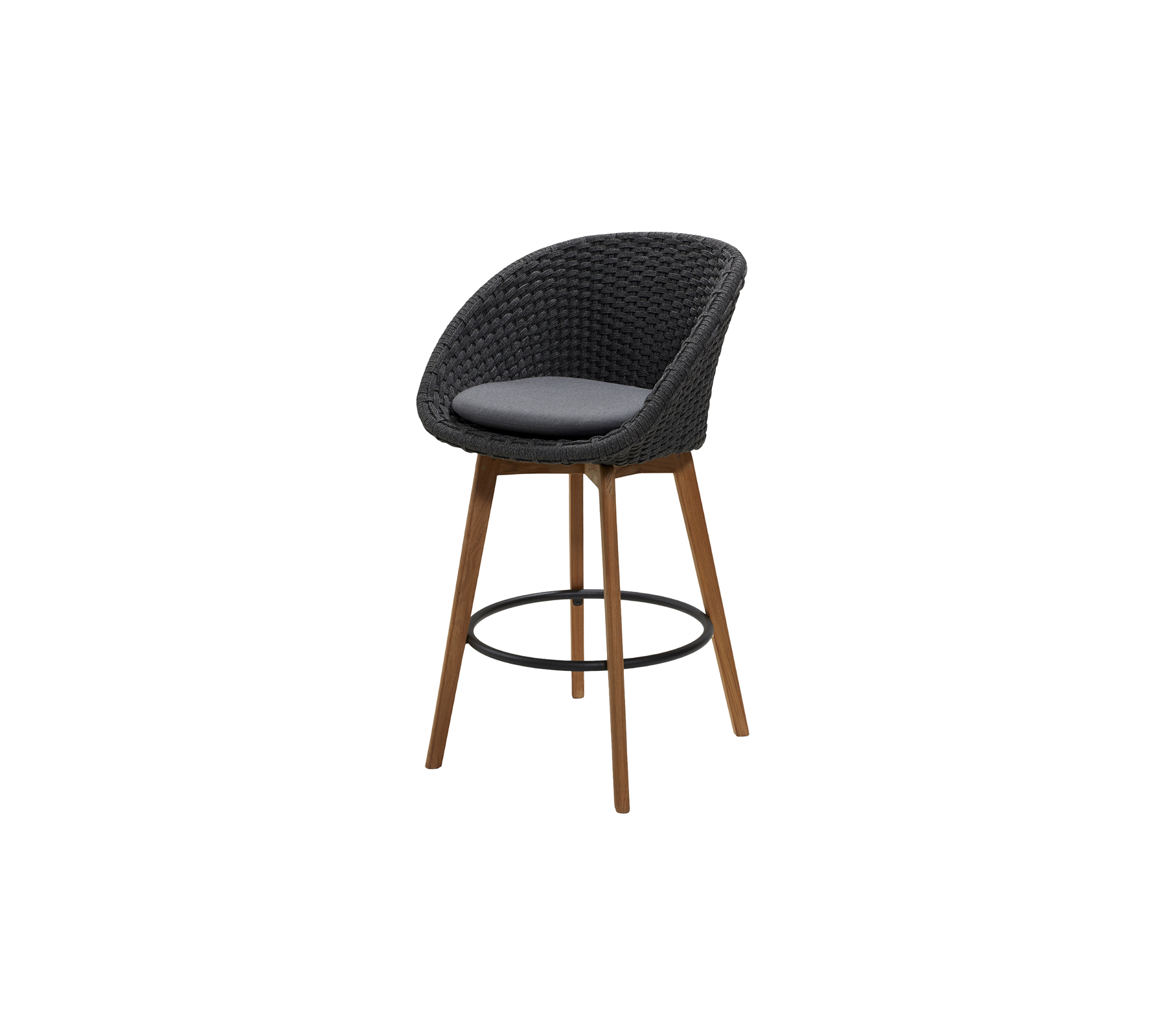 Stylish high chair with a woven seat in dark color and a padded cushion, featuring wooden legs and a footrest for added comfort.