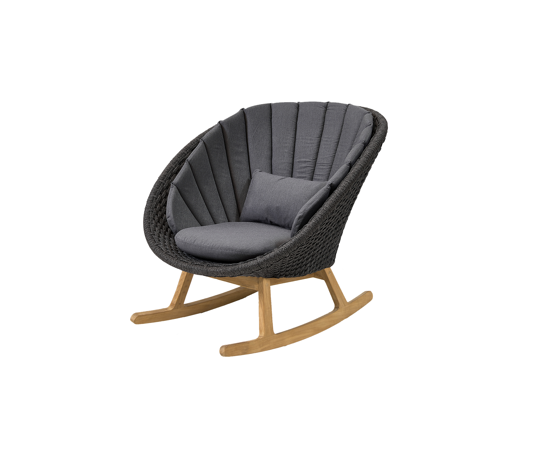 Stylish rocking chair with a curved design, featuring a comfortable gray cushion and a natural wood base for a modern touch.