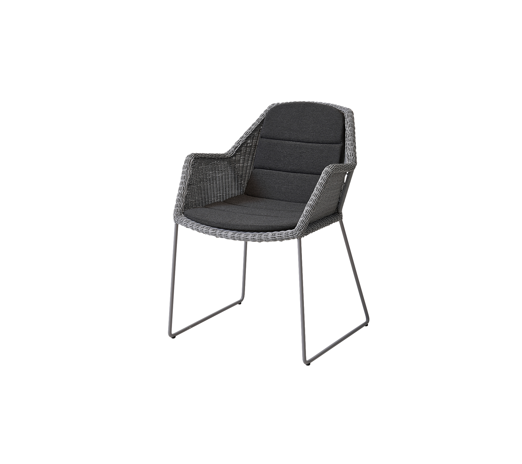 Stylish chair featuring a woven design with plush cushions and slender metal legs, ideal for modern settings.