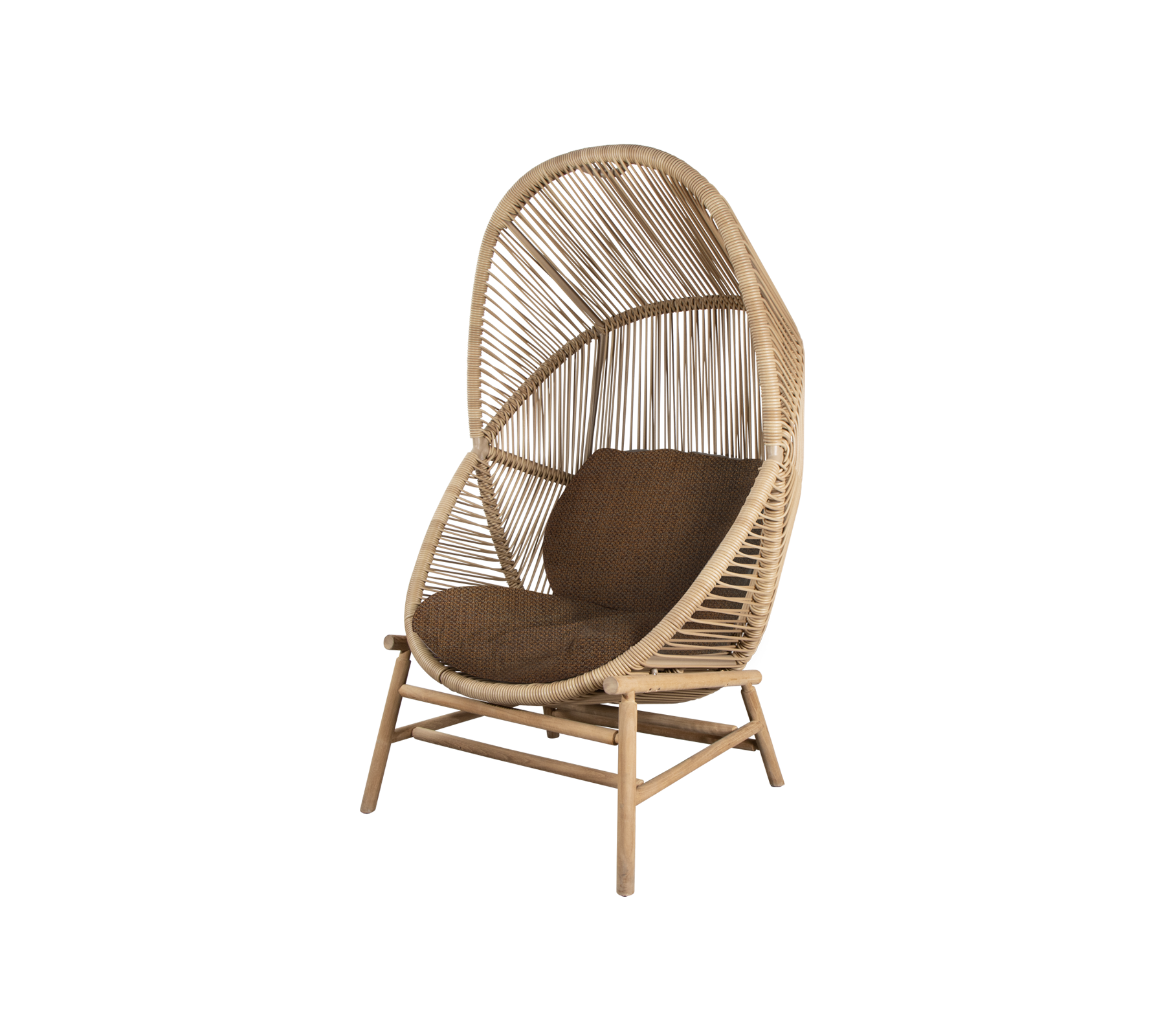 Stylish rattan chair with a high curved back and plush brown cushion, perfect for relaxation and enhancing any space.
