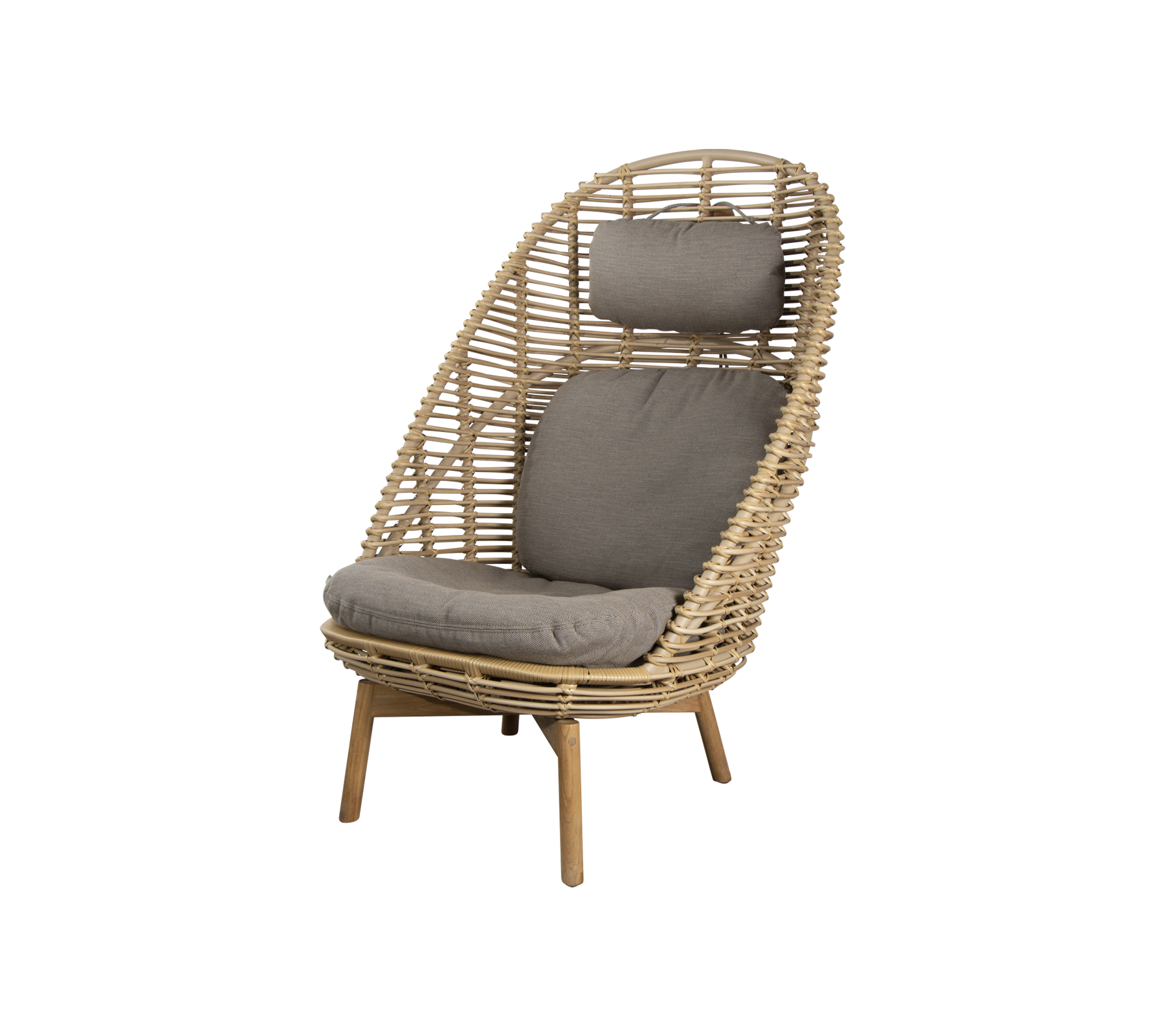 Stylish wicker chair with a high backrest and soft gray cushions, perfect for relaxation and contemporary decor.