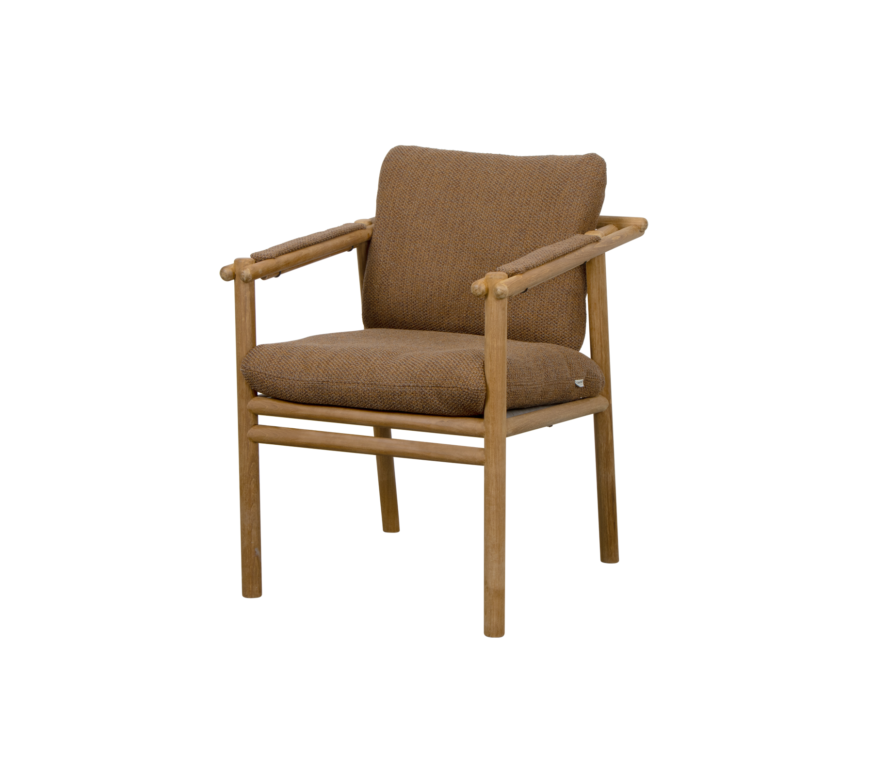 Brown upholstered chair with wooden armrests and a minimalist design, suitable for various settings.