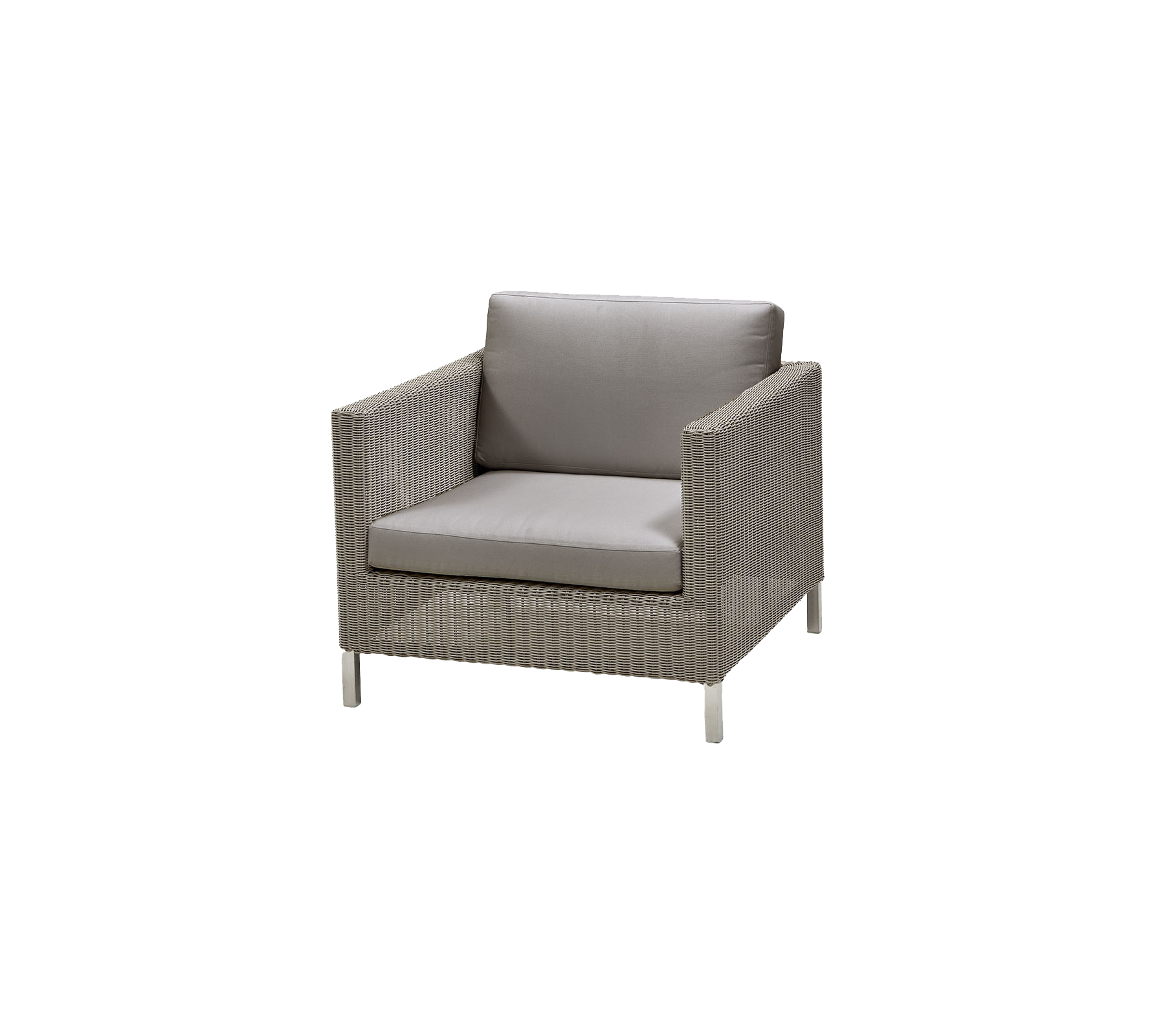 Stylish, modern chair featuring a woven design with a comfortable gray cushion, perfect for relaxation and outdoor seating.