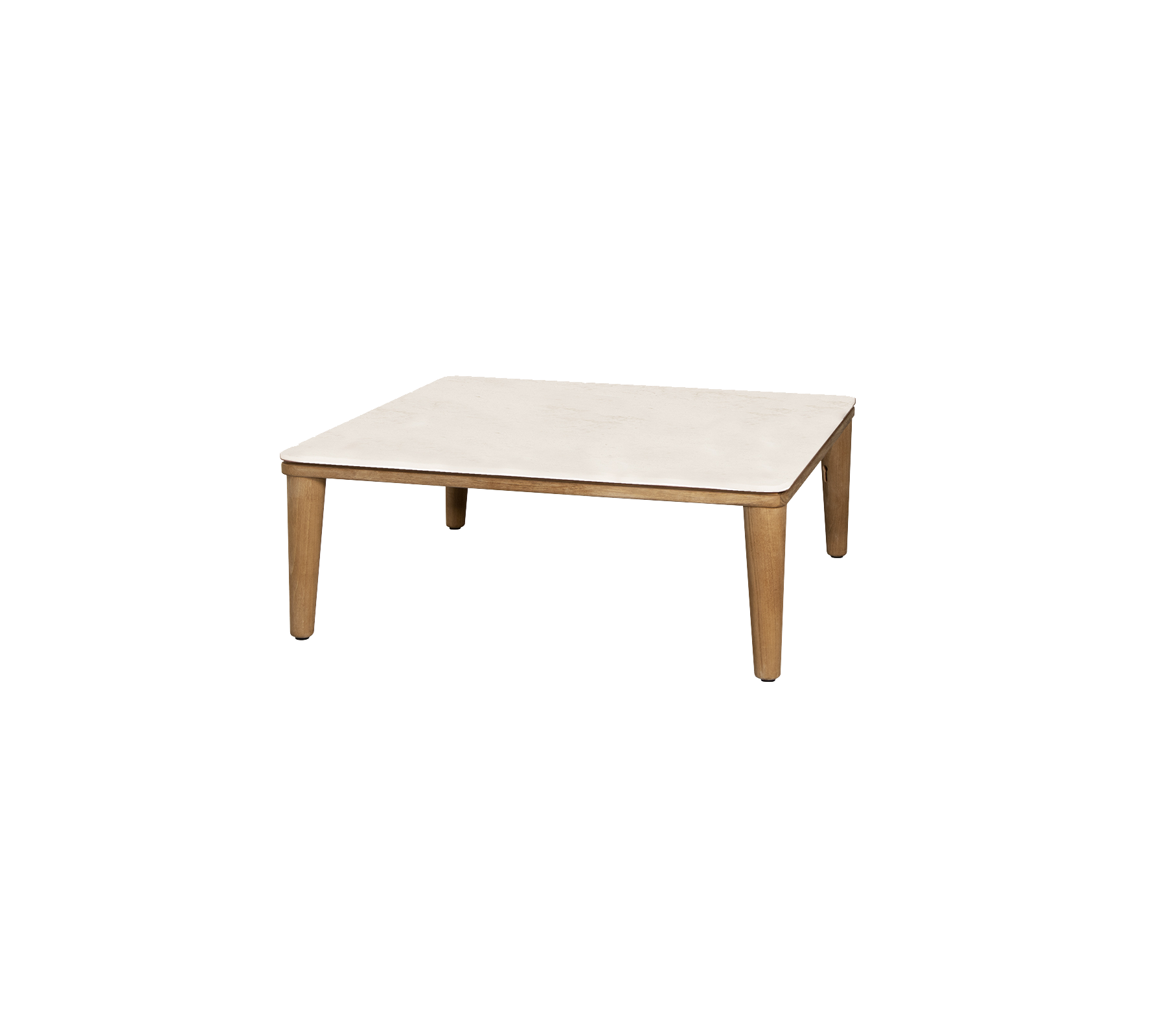 Square table with a light-colored top and wooden legs, offering a minimalist design suitable for various settings.