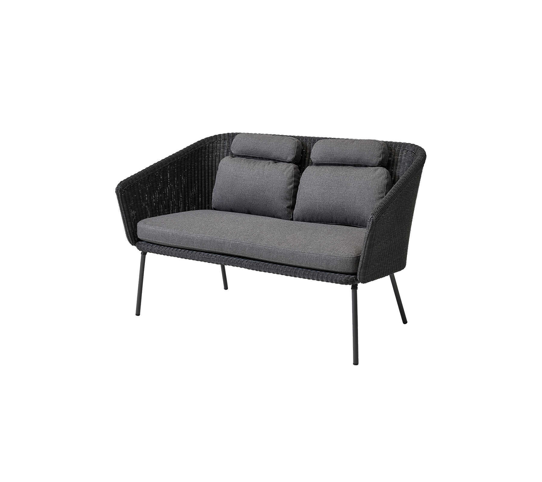 Stylish two-seater sofa with a woven design and soft gray cushions, perfect for modern decor.