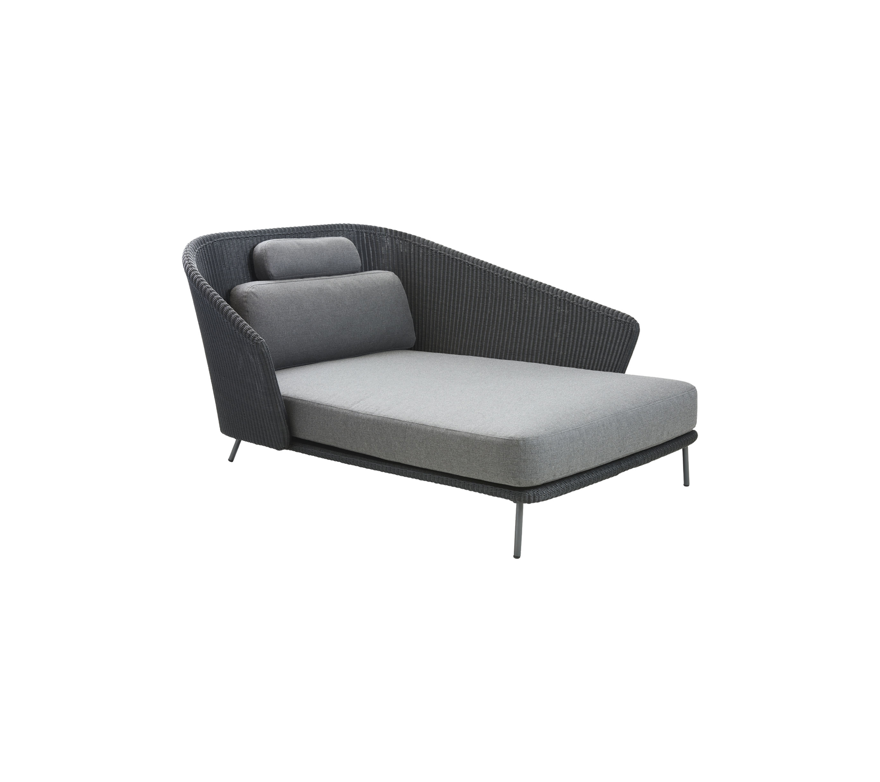 Modern lounge chair with a sleek design, featuring a gray fabric seat and backrest, complemented by a unique armrest shape.