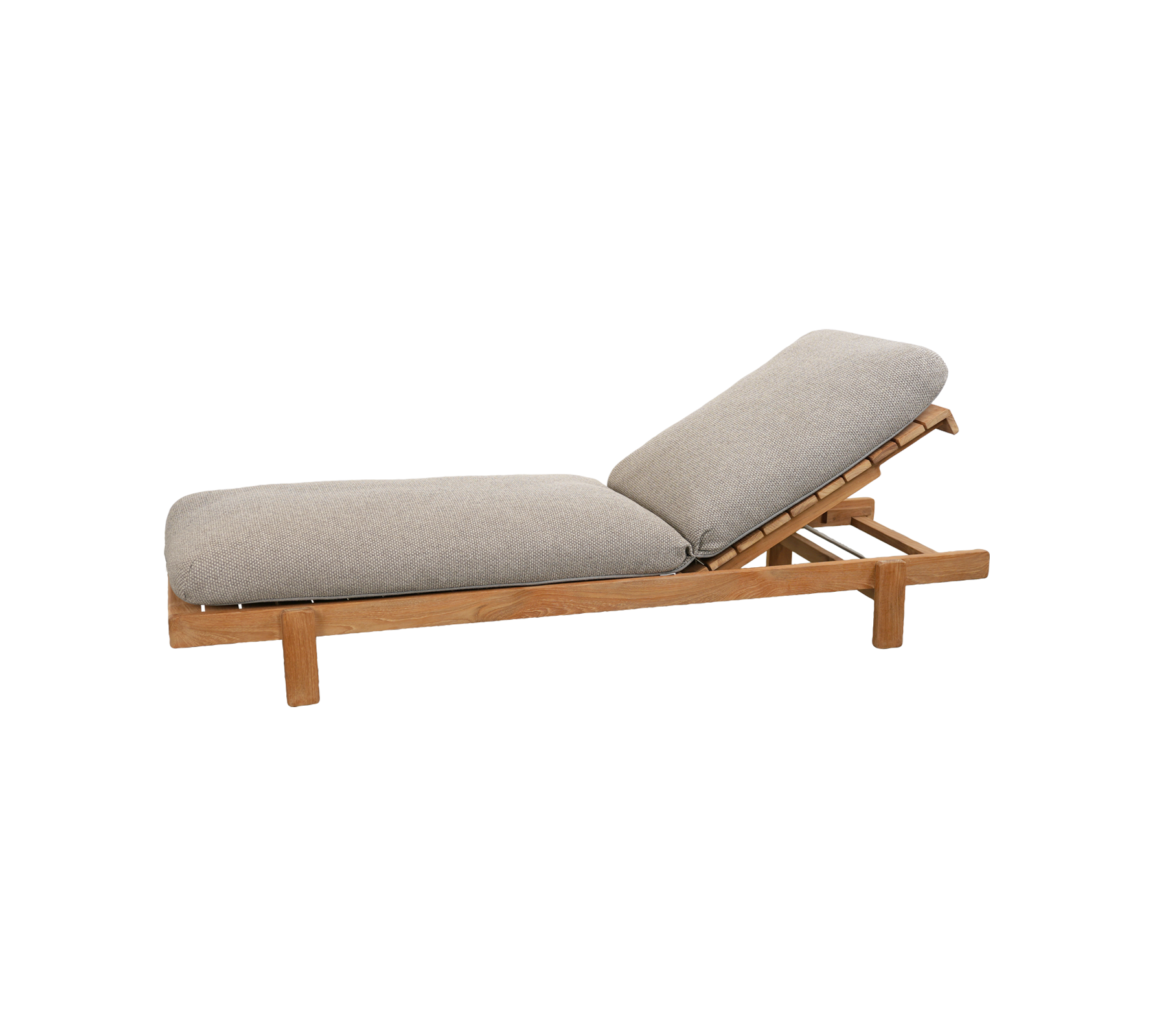 Light brown lounge chair with a grey cushion and adjustable backrest.